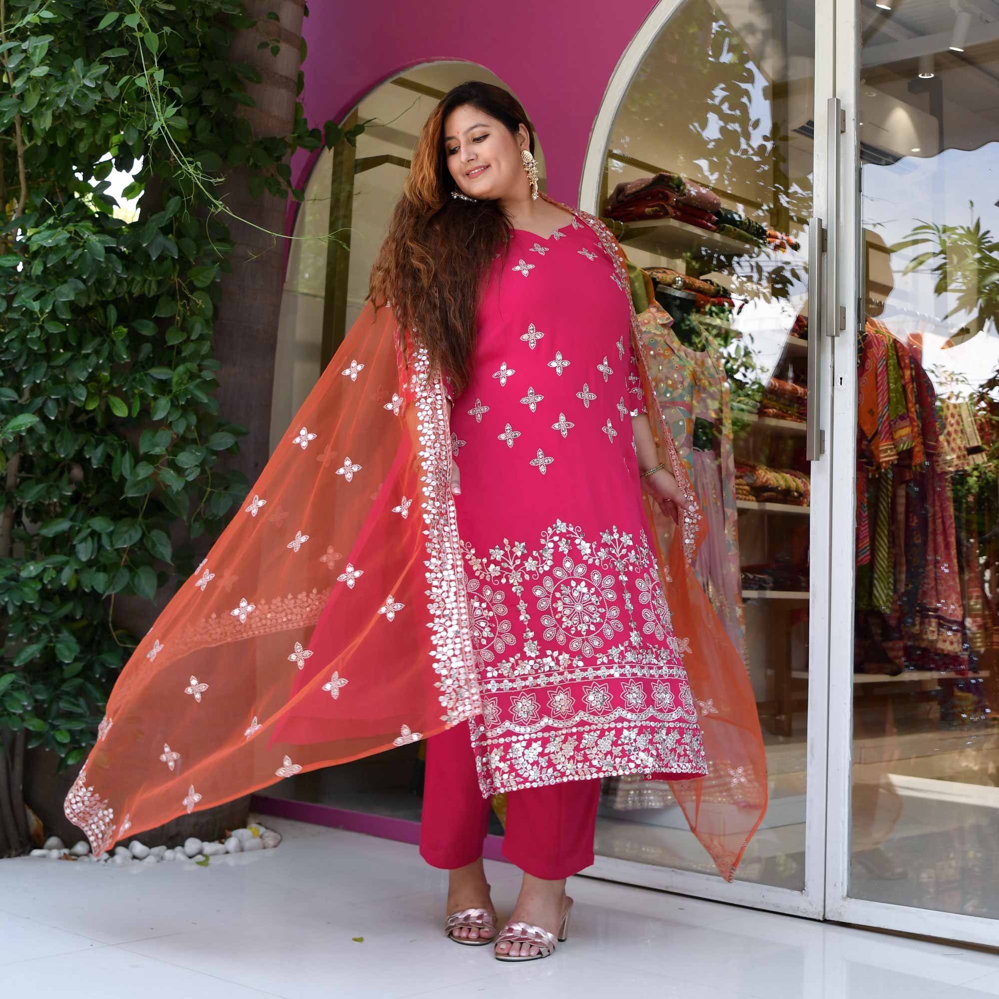 Pink Flame Mirror Embroidered Pure Georgette Suit Set - Image 3