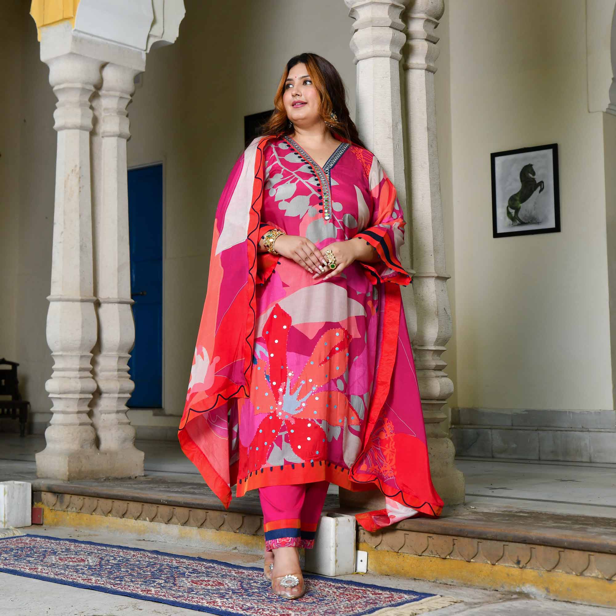 Amaranth-Red & Rani Pink Hand Embroidered Floral Print Suit Set - Image 13