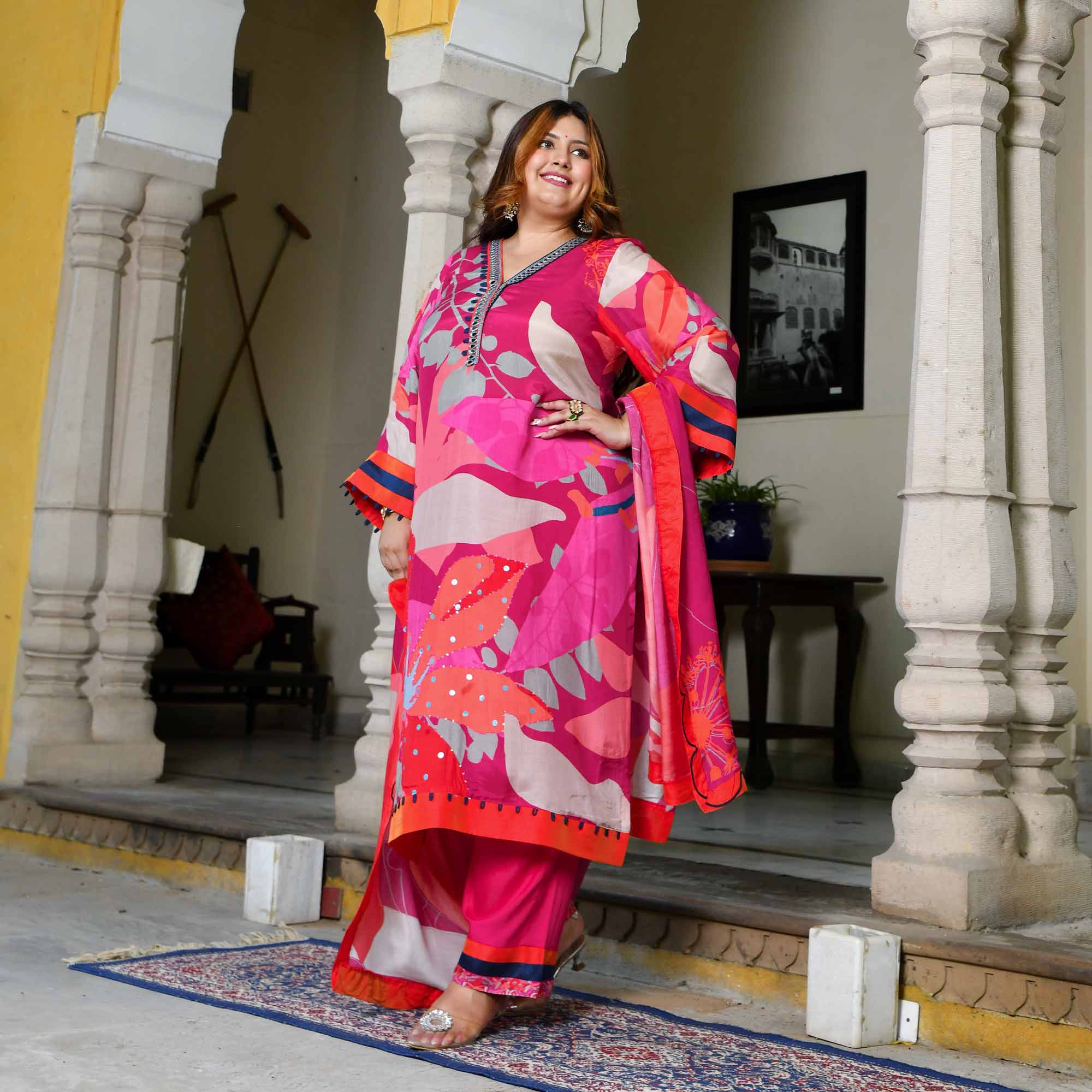 Amaranth-Red & Rani Pink Hand Embroidered Floral Print Suit Set - Image 7