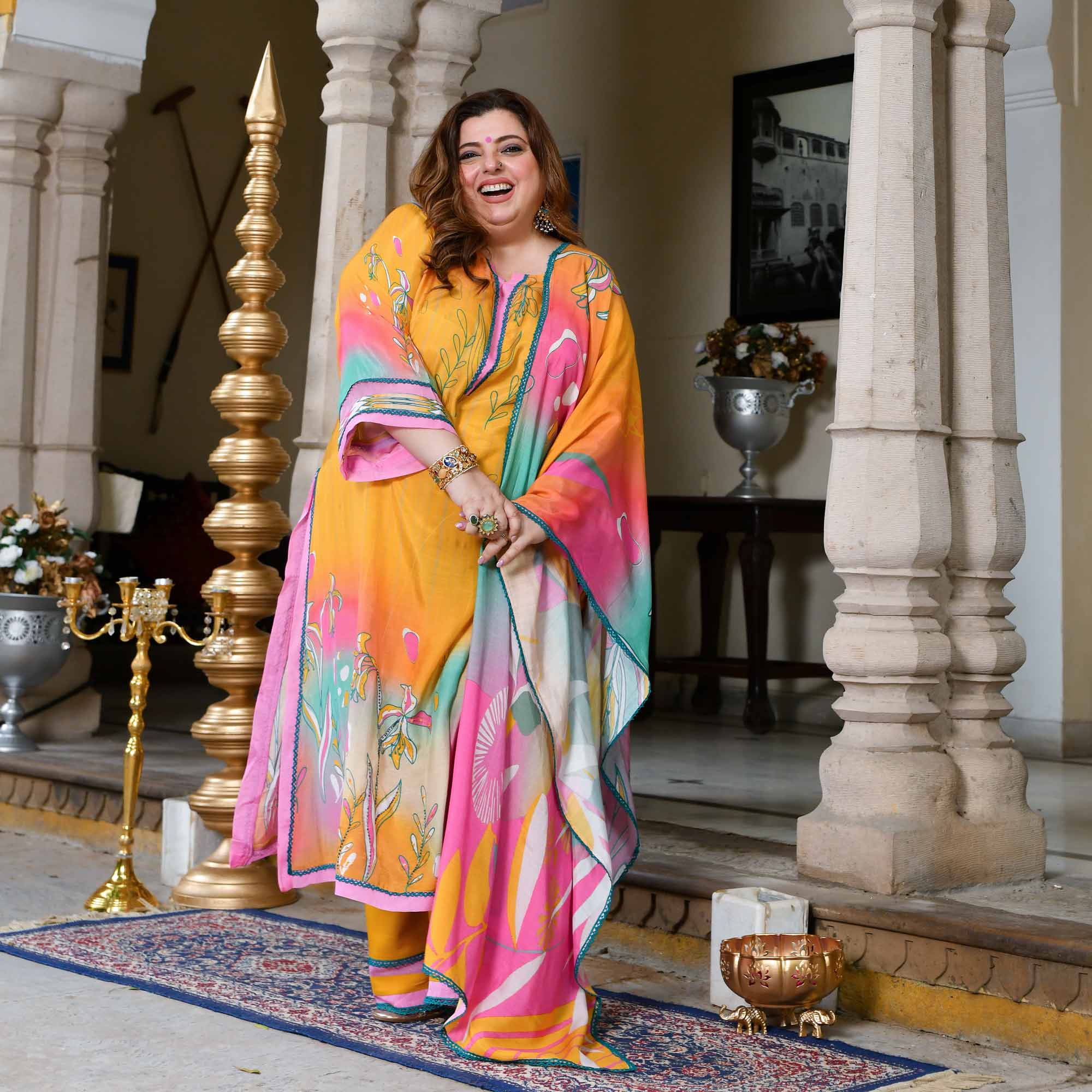 Canary Blossom-Yellow & Mint Floral Hand Embroidered Pure Muslin Suit Set - Image 10