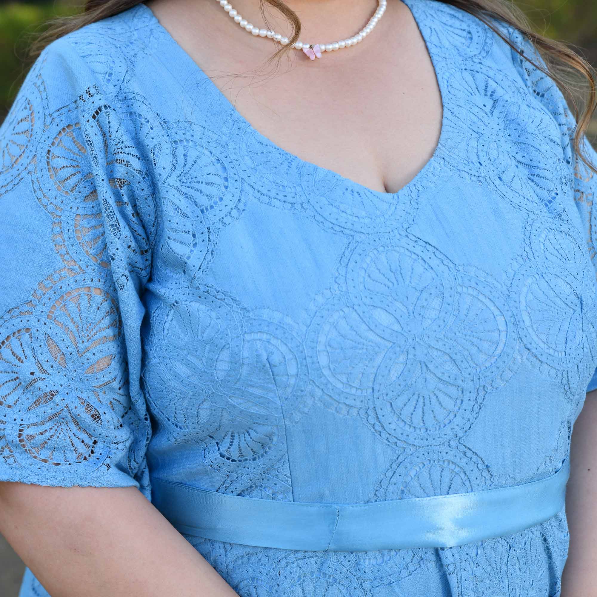 Prague - Light Blue Cotton Knit Laced Fit n Flair Dress - Image 7