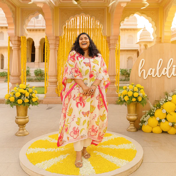 Pristine Bloom Floral Sequin Embroidered Pure Organza Kaftan Set - Image 4