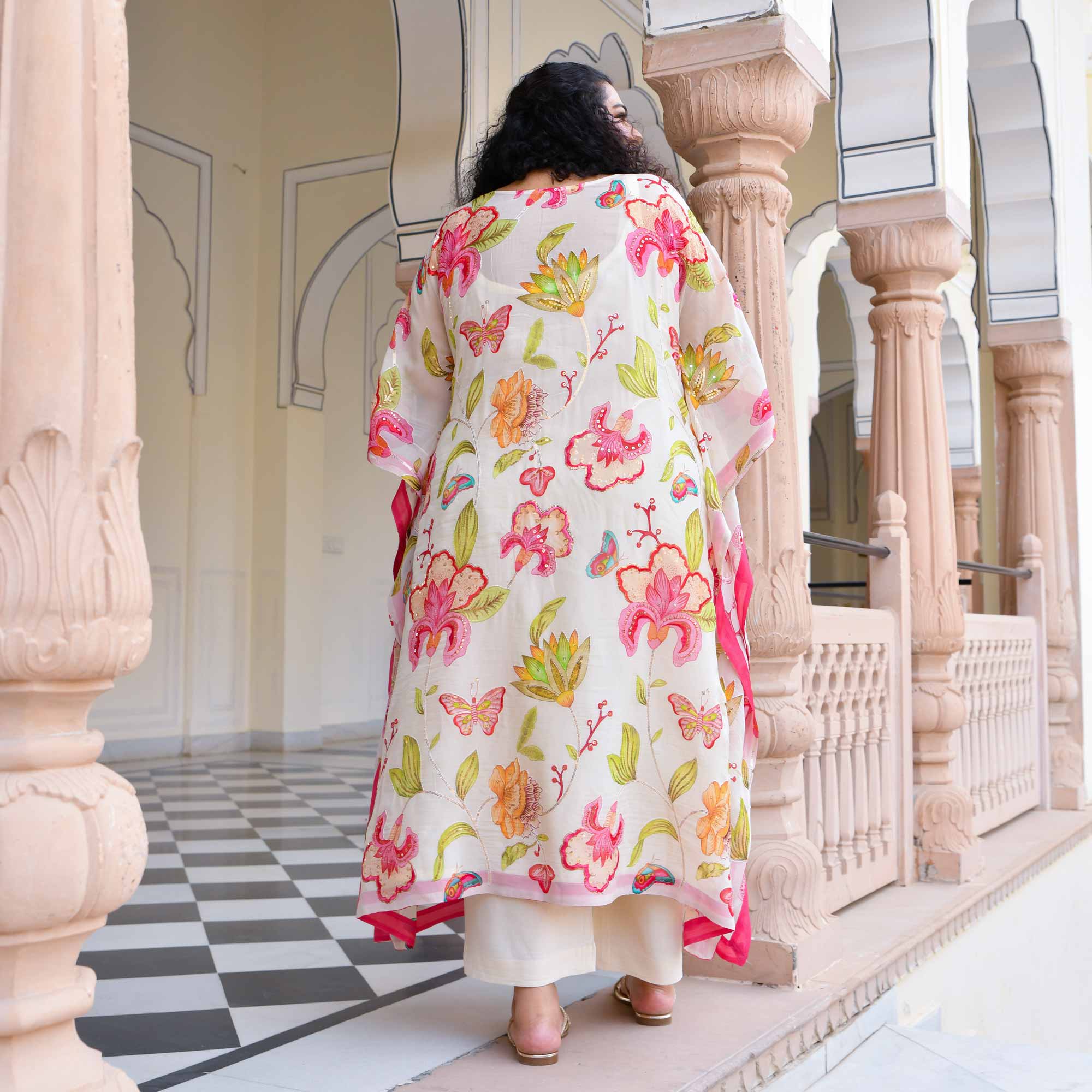 Pristine Bloom Floral Sequin Embroidered Pure Organza Kaftan Set - Image 6