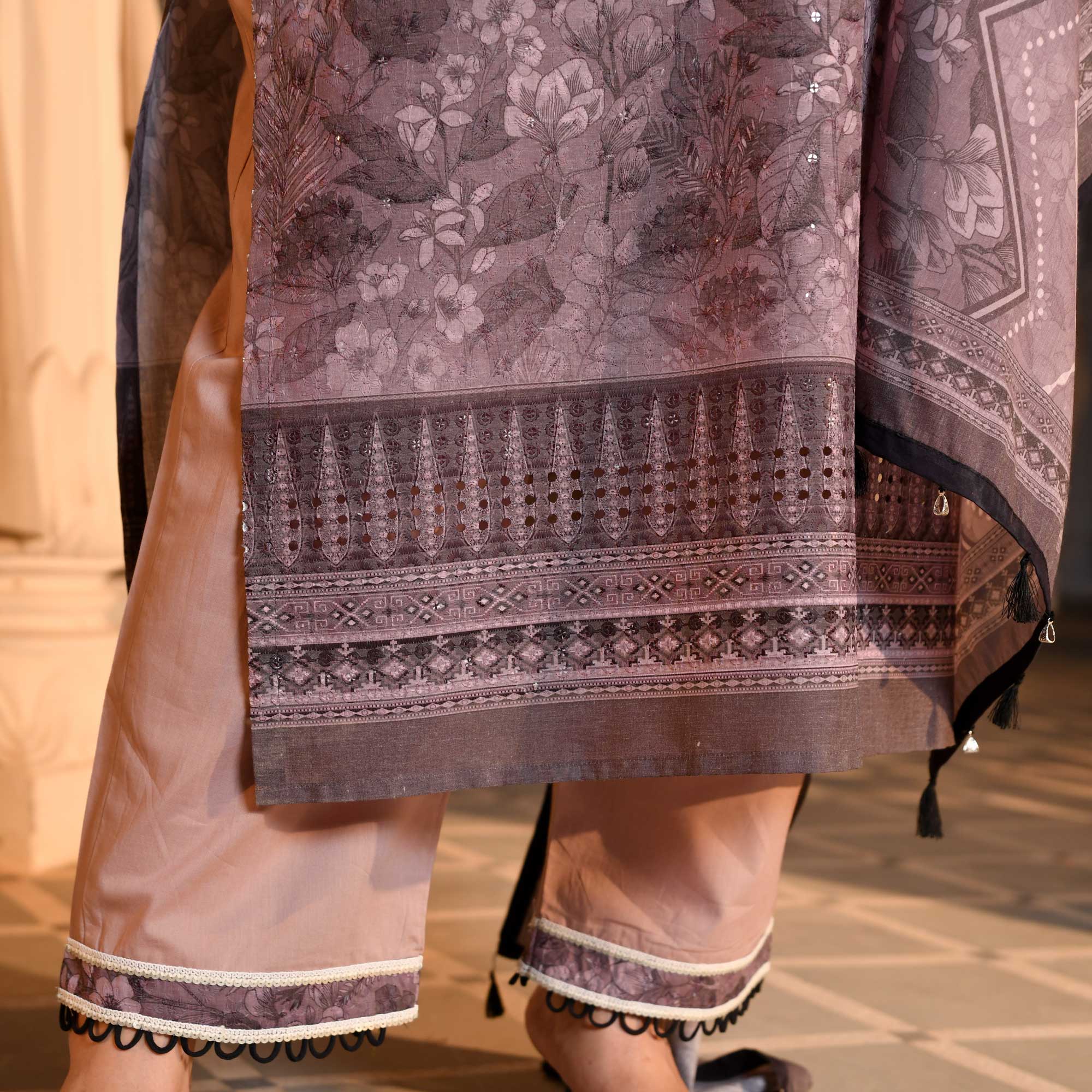 Purple Taupe Floral Schiffli Embroidered Suit Set - Image 4