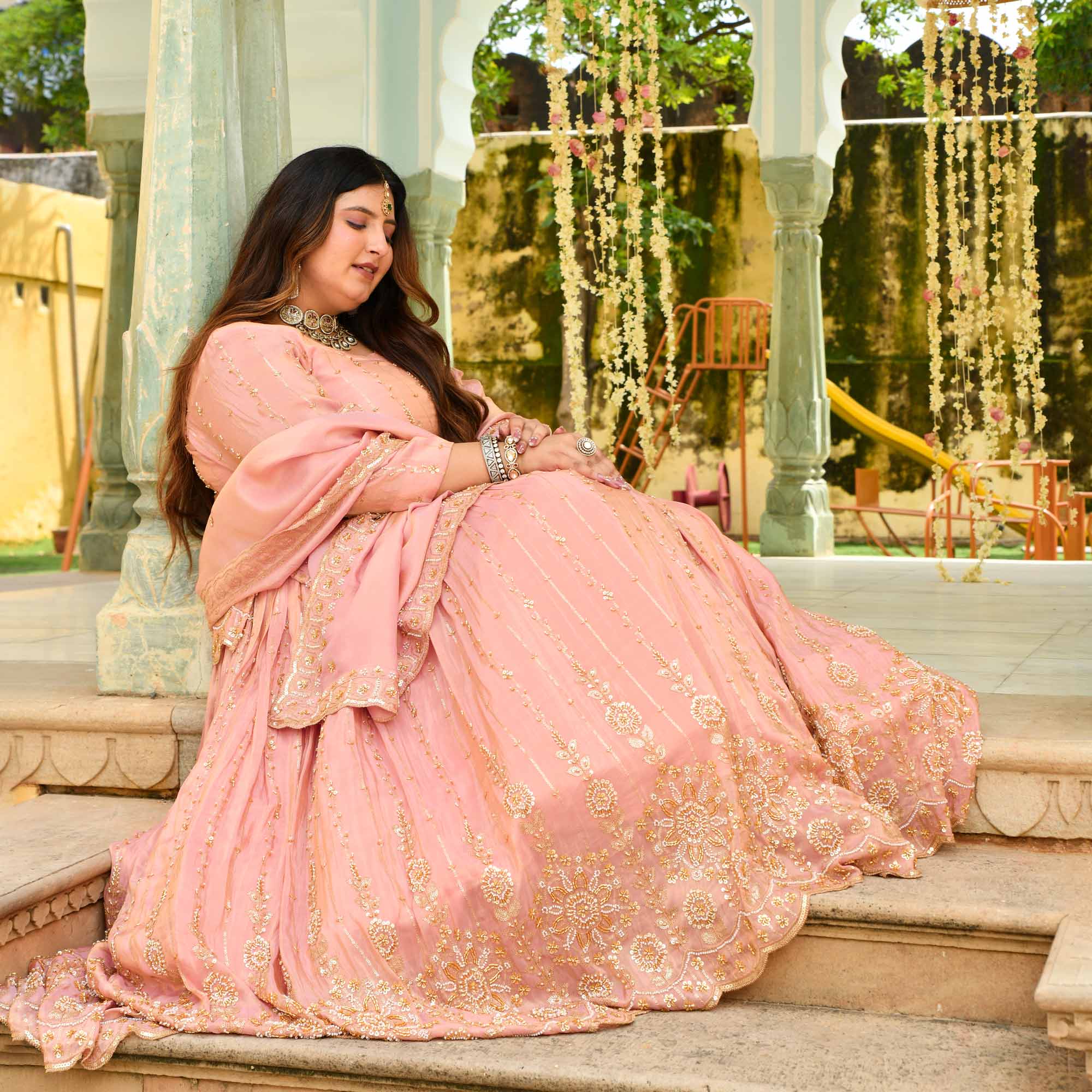 Raabta- Rose Gold Cutdana Embroidered Pure Tissue Silk Lehenga Set - Image 11