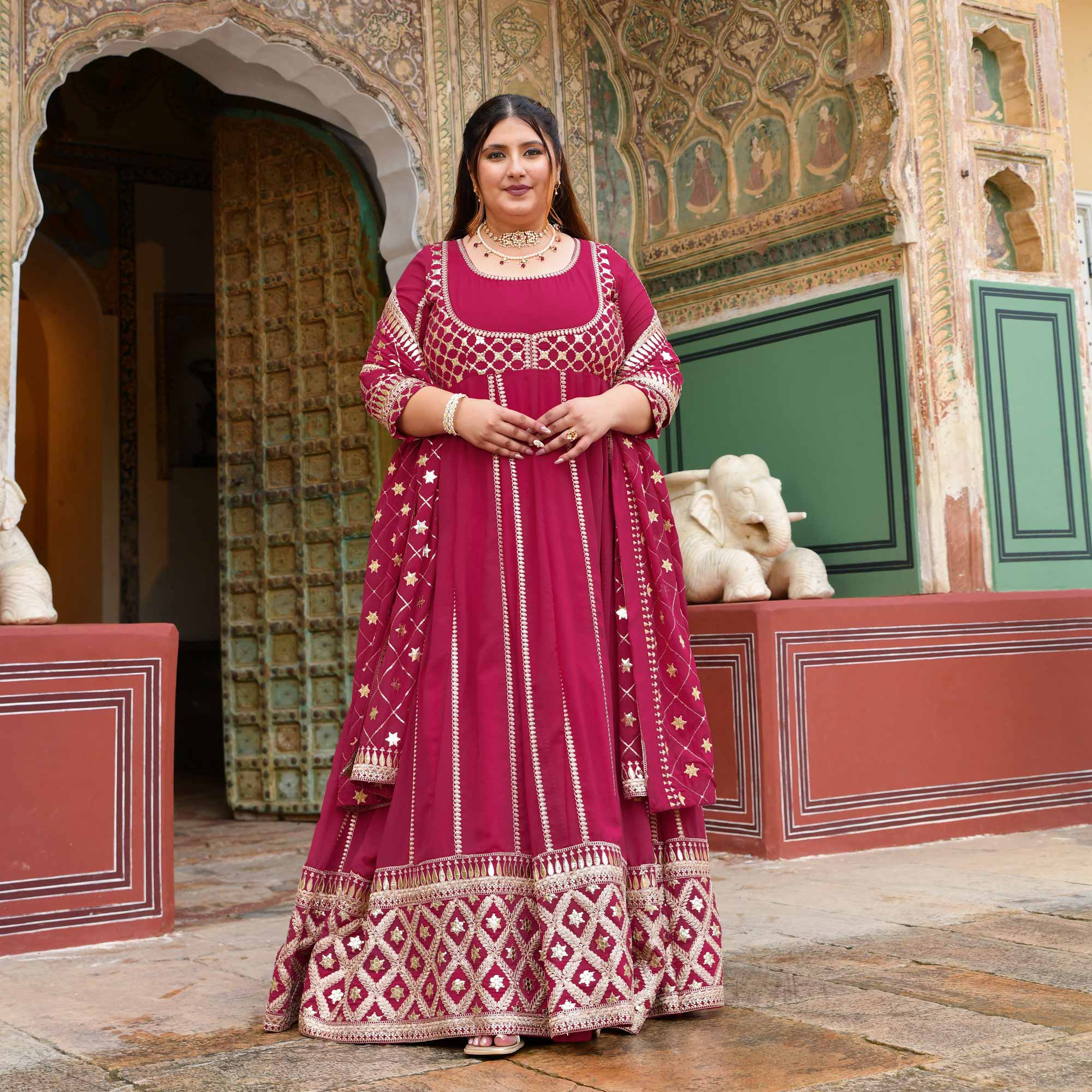 Raas aur Rose - Deep Pink Sequin Embroidered Georgette Anarkali Set - Image 10