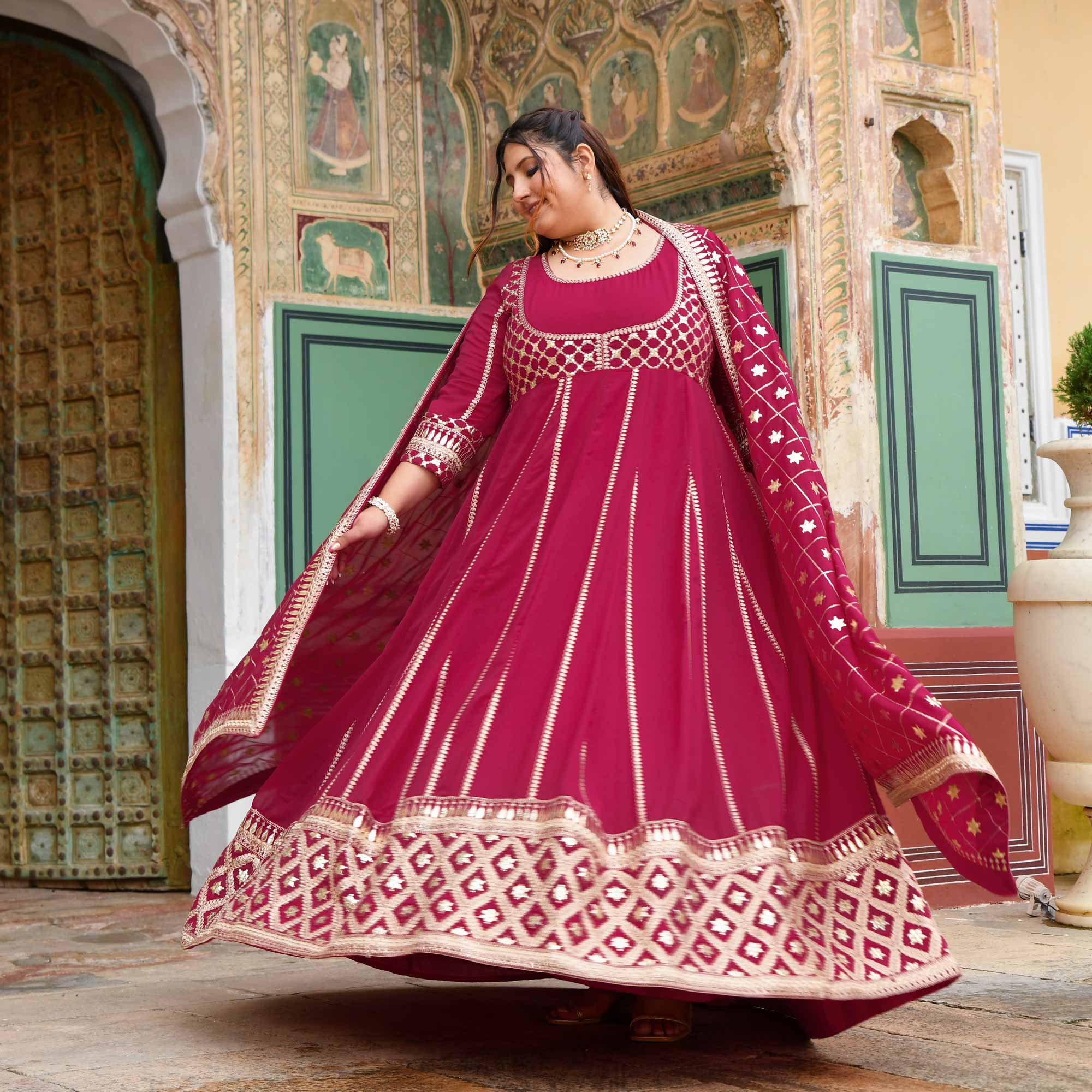 Raas aur Rose - Deep Pink Sequin Embroidered Georgette Anarkali Set - Image 4