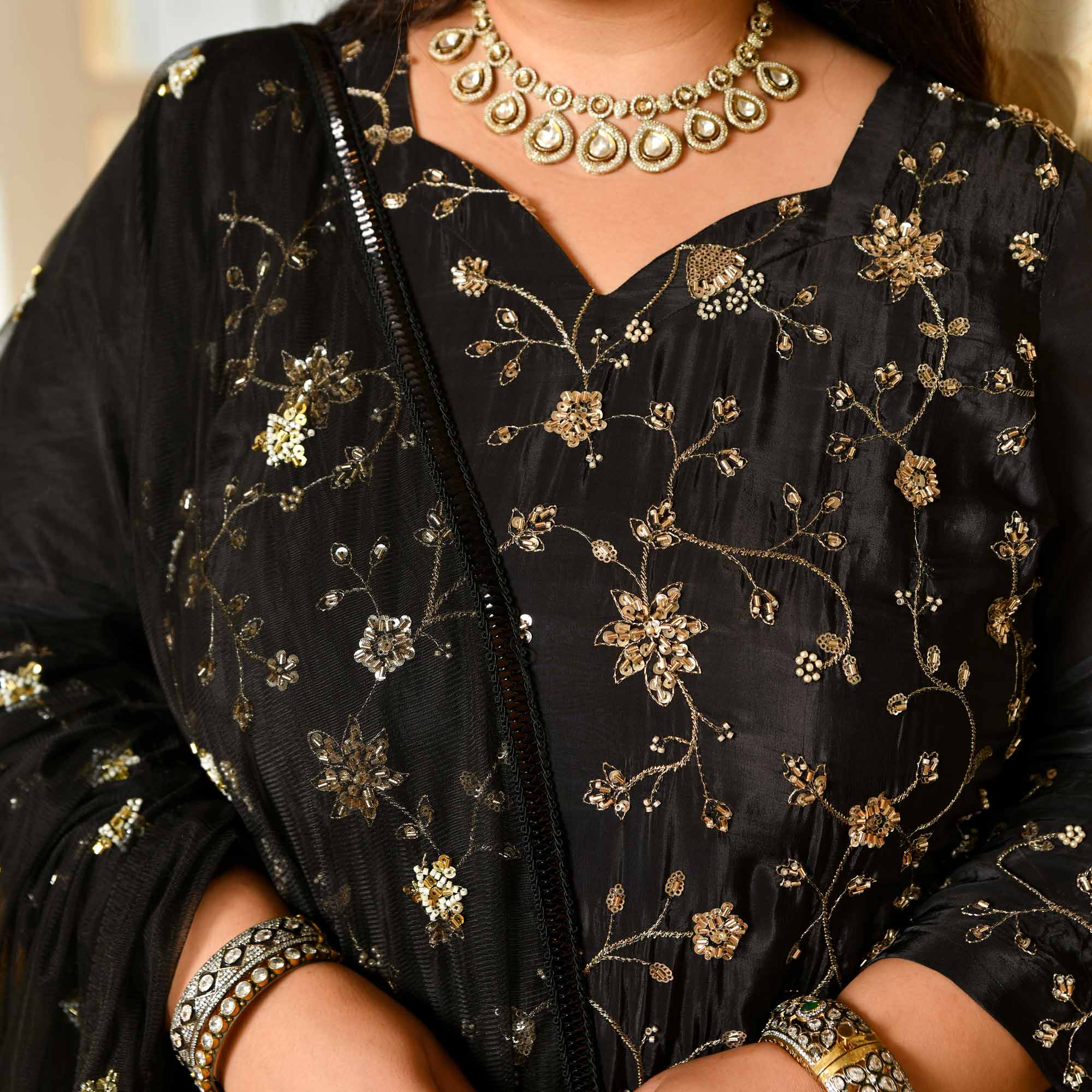 Raat Ki Rani- Black Pure Crepe Cutdana Embroidered Lehenga Set - Image 9
