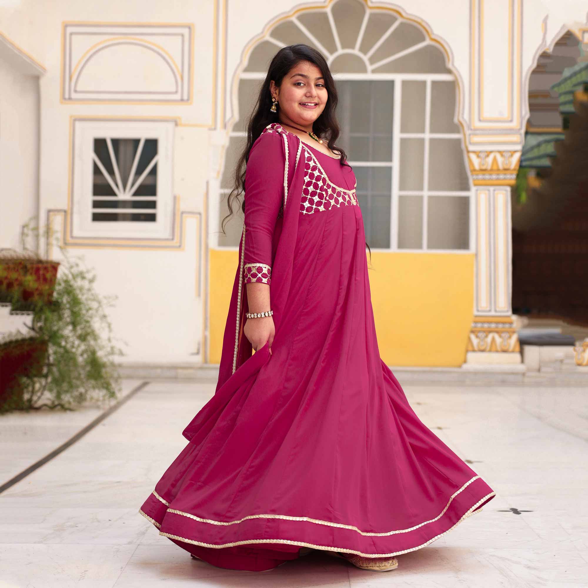 Radha Raas- Rose Pink Kids Georgette Anarkali With Dupatta - Image 8
