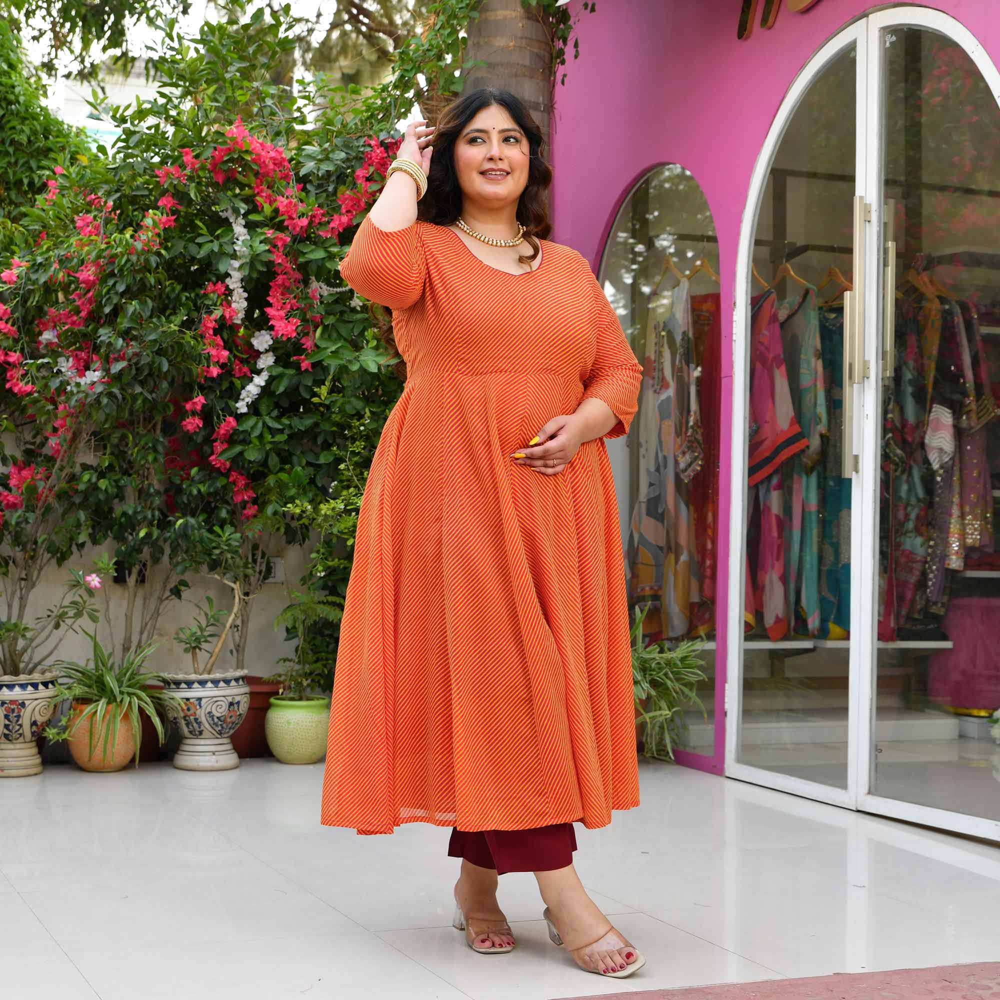 Rangeela- Mustard & Saffron Mul Cotton Leheriya Anarkali - Image 7
