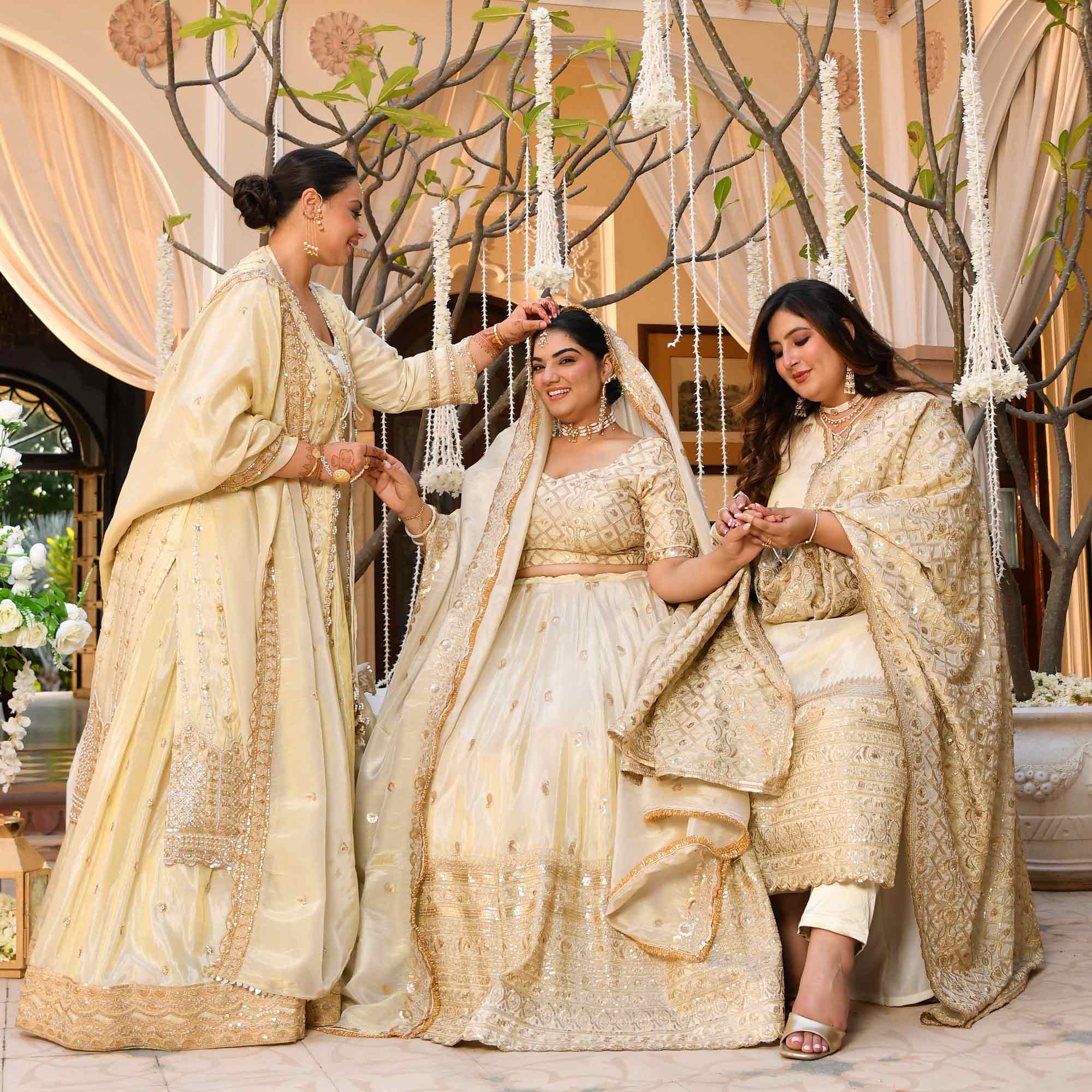 RANJHNA- Ivory & Gold Sequin Embroidered Pure Tissue Silk Lehenga Set - Image 10