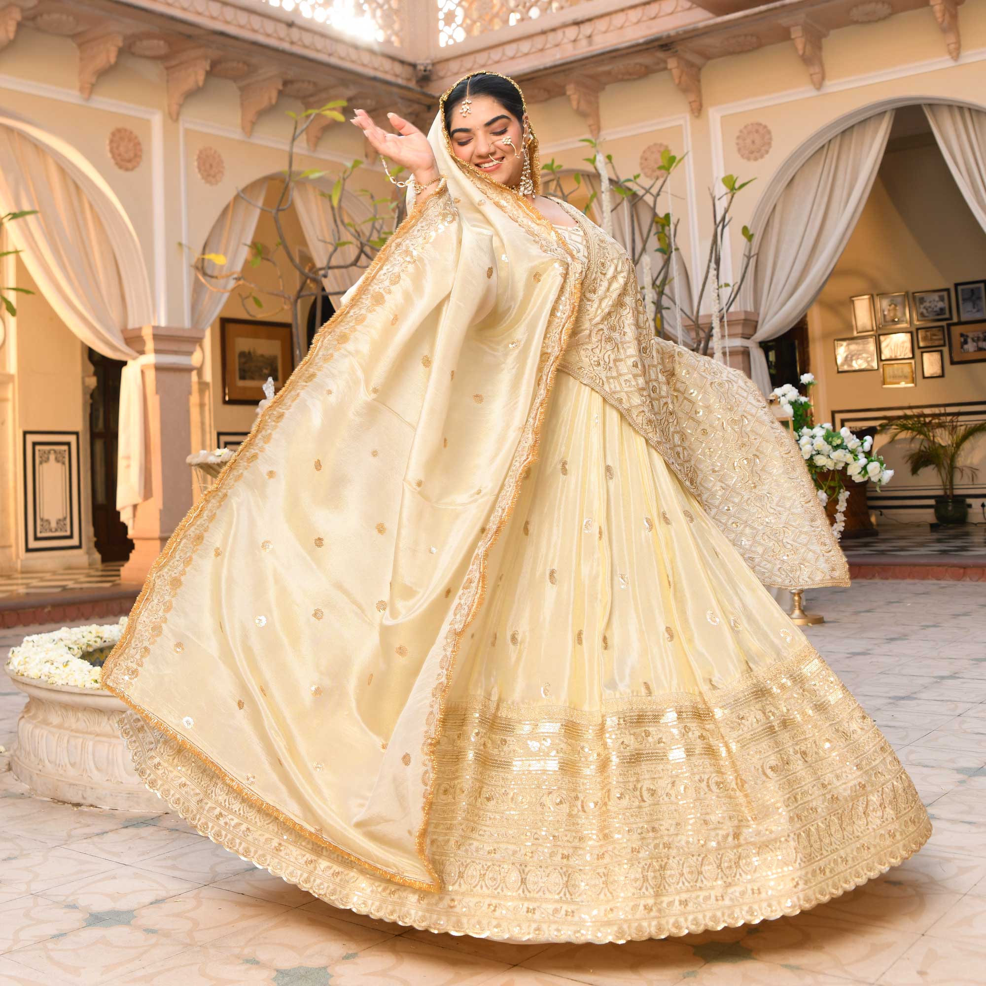 RANJHNA- Ivory & Gold Sequin Embroidered Pure Tissue Silk Lehenga Set - Image 15