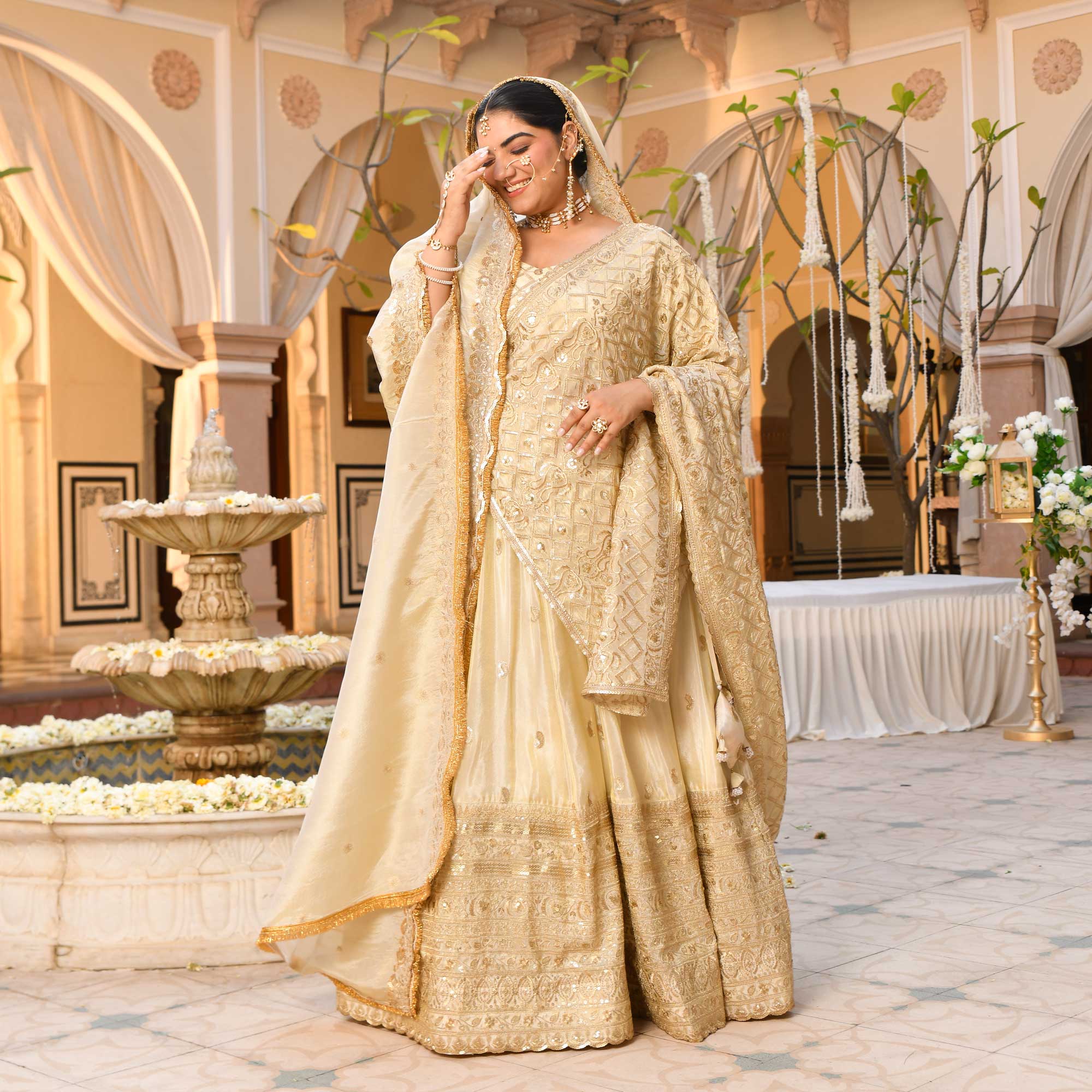RANJHNA- Ivory & Gold Sequin Embroidered Pure Tissue Silk Lehenga Set - Image 29
