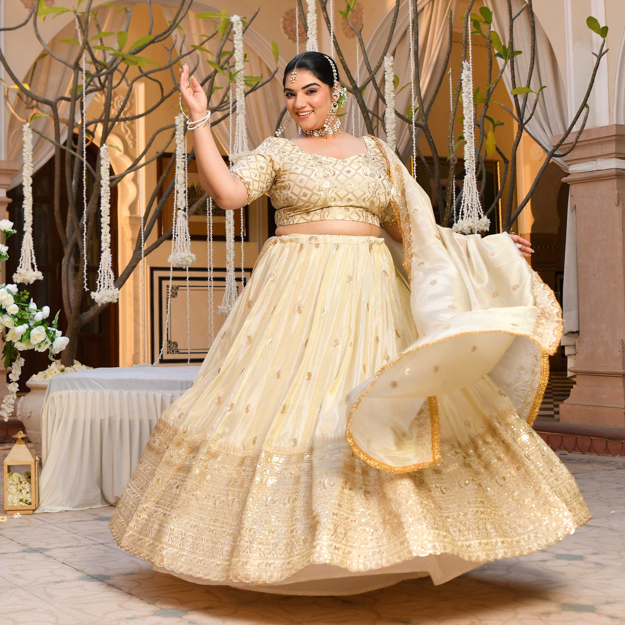 RANJHNA- Ivory & Gold Sequin Embroidered Pure Tissue Silk Lehenga Set - Image 43