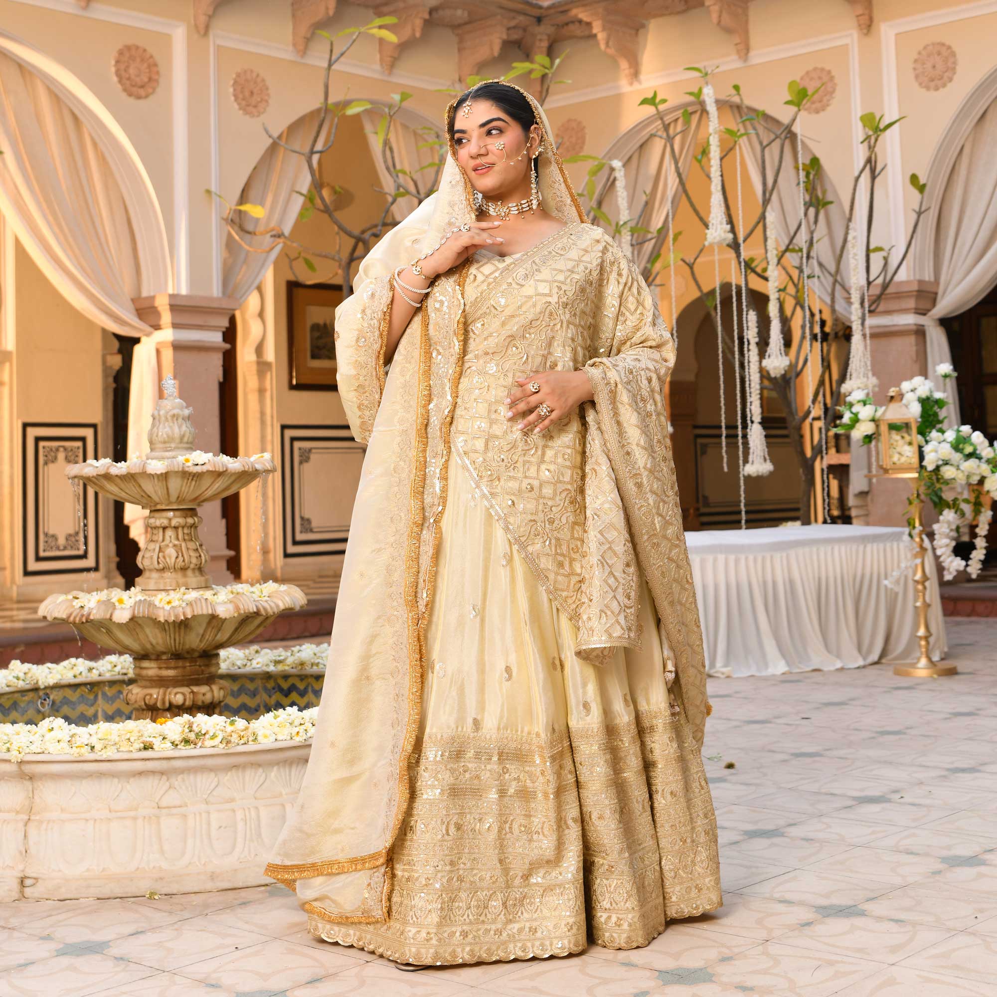 RANJHNA- Ivory & Gold Sequin Embroidered Pure Tissue Silk Lehenga Set - Image 9