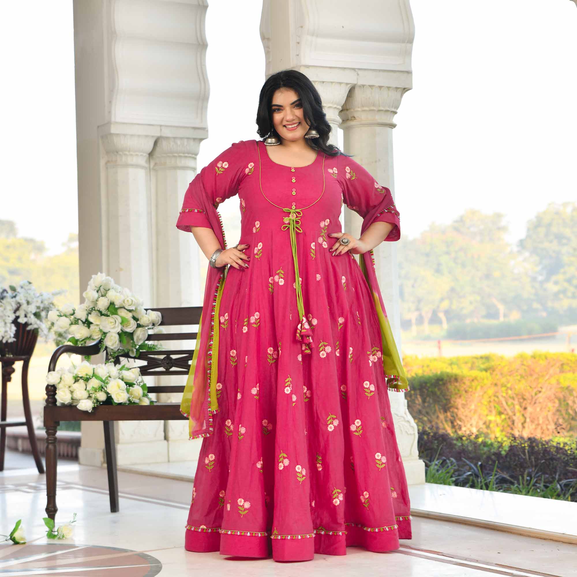 Raspberry Bloom- Deep Pink Floral Thread Embroidery Mul Chanderi Anarkali Set - Image 10
