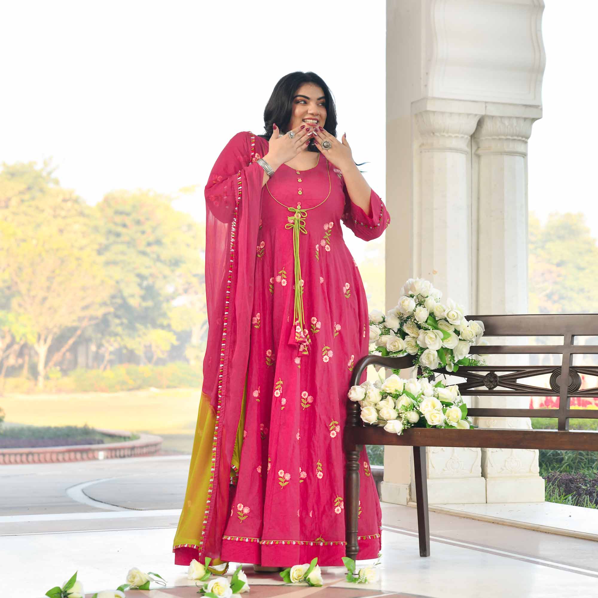 Raspberry Bloom- Deep Pink Floral Thread Embroidery Mul Chanderi Anarkali Set - Image 12