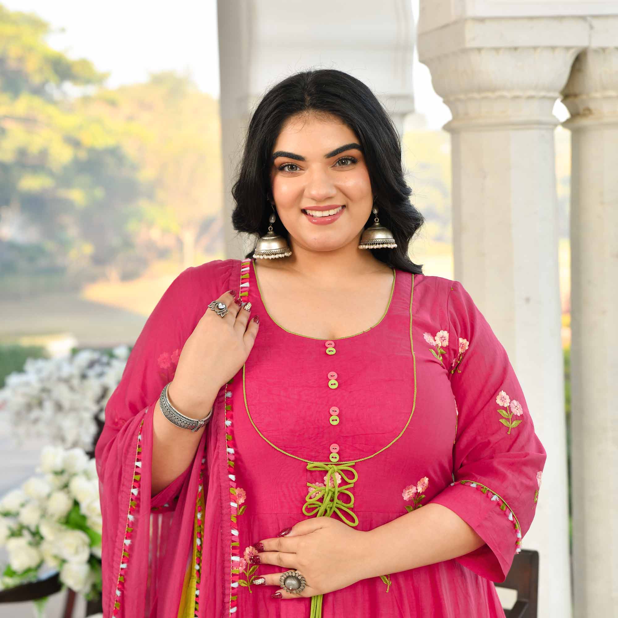 Raspberry Bloom- Deep Pink Floral Thread Embroidery Mul Chanderi Anarkali Set - Image 2