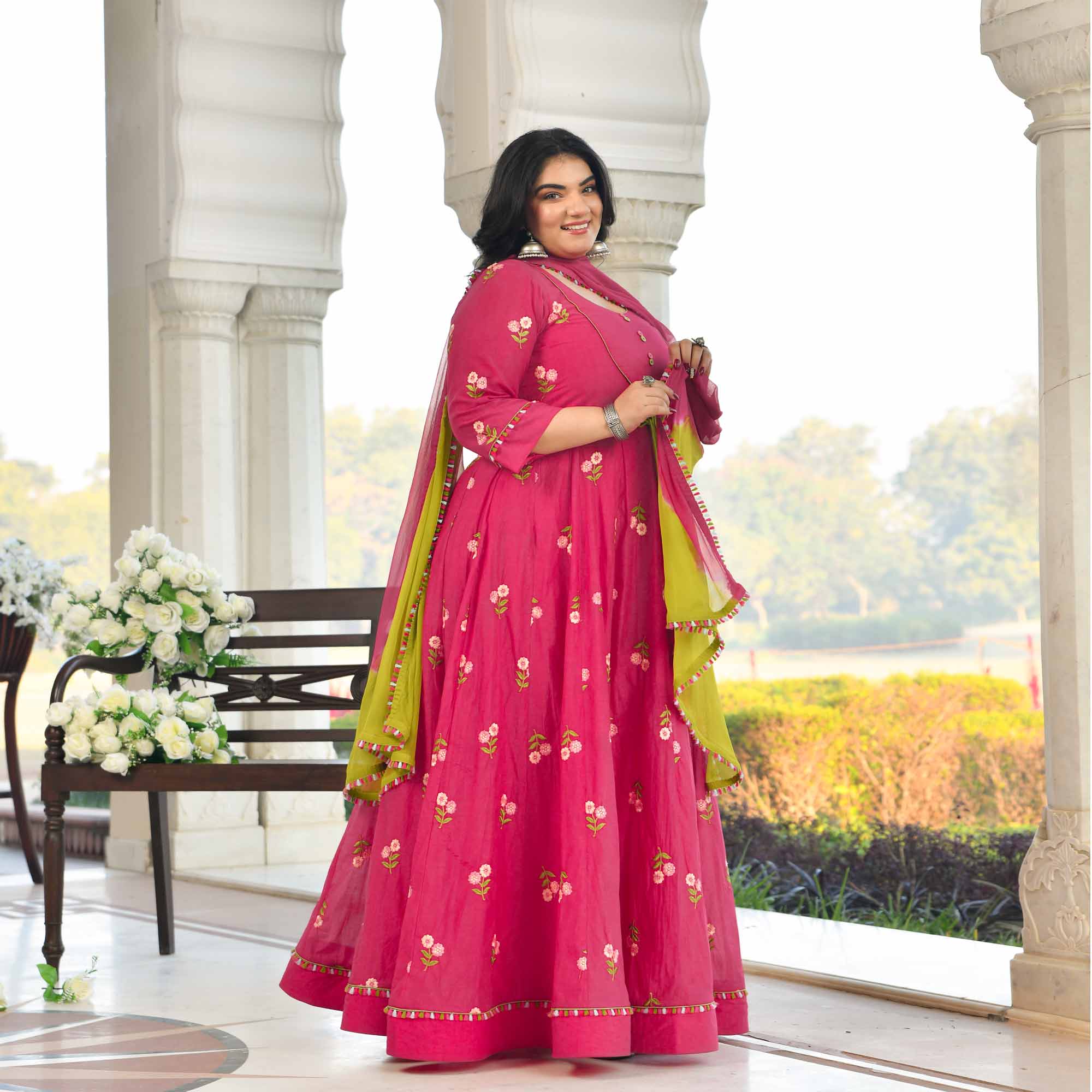 Raspberry Bloom- Deep Pink Floral Thread Embroidery Mul Chanderi Anarkali Set - Image 4
