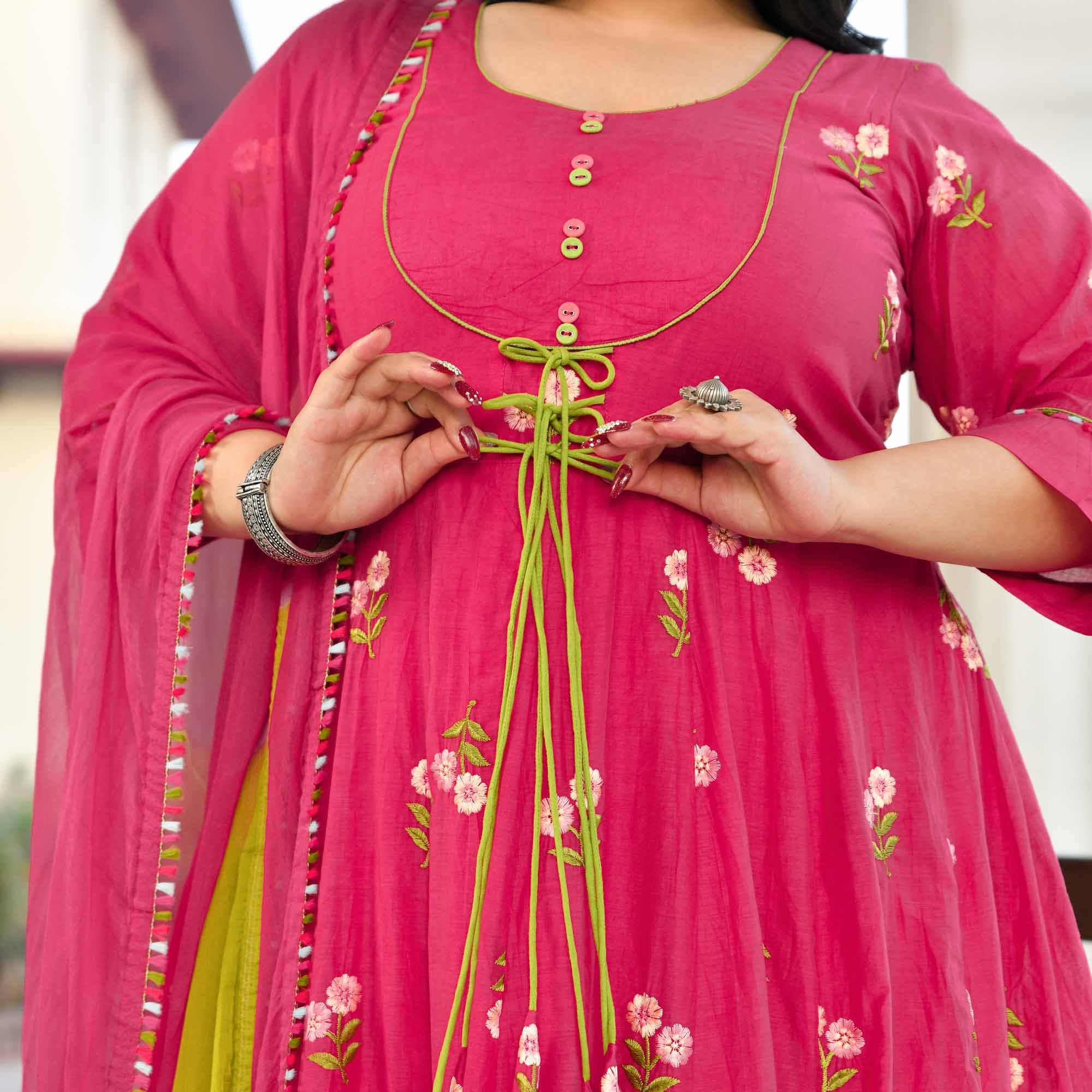 Raspberry Bloom- Deep Pink Floral Thread Embroidery Mul Chanderi Anarkali Set - Image 5