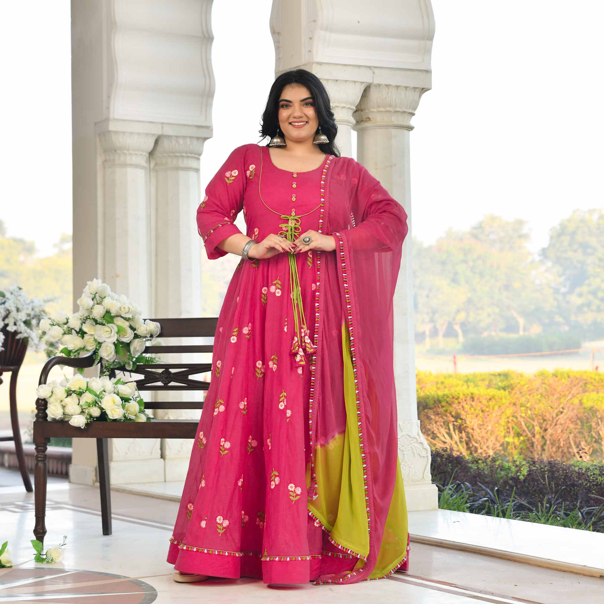 Raspberry Bloom- Deep Pink Floral Thread Embroidery Mul Chanderi Anarkali Set - Image 7