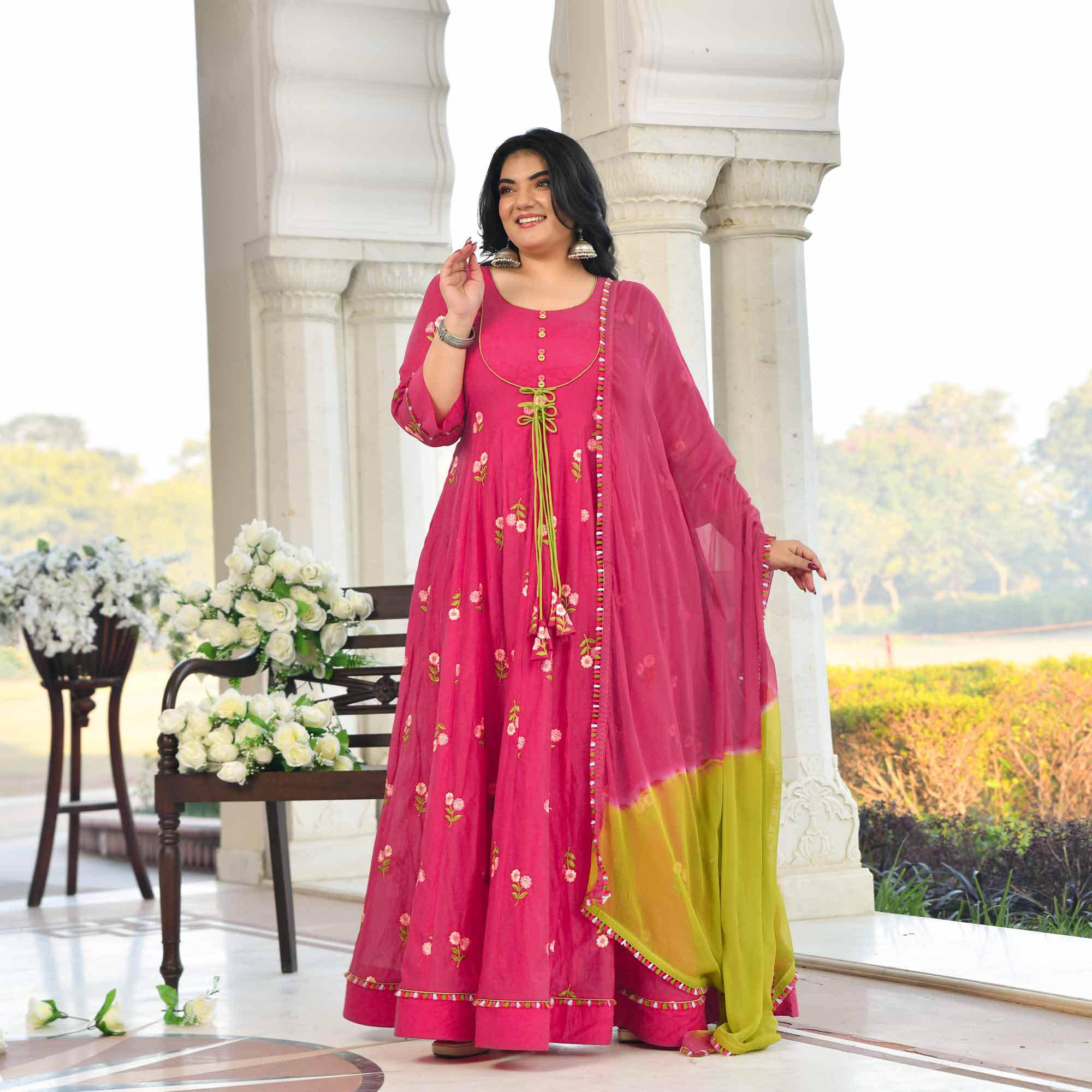 Raspberry Bloom- Deep Pink Floral Thread Embroidery Mul Chanderi Anarkali Set - Image 9