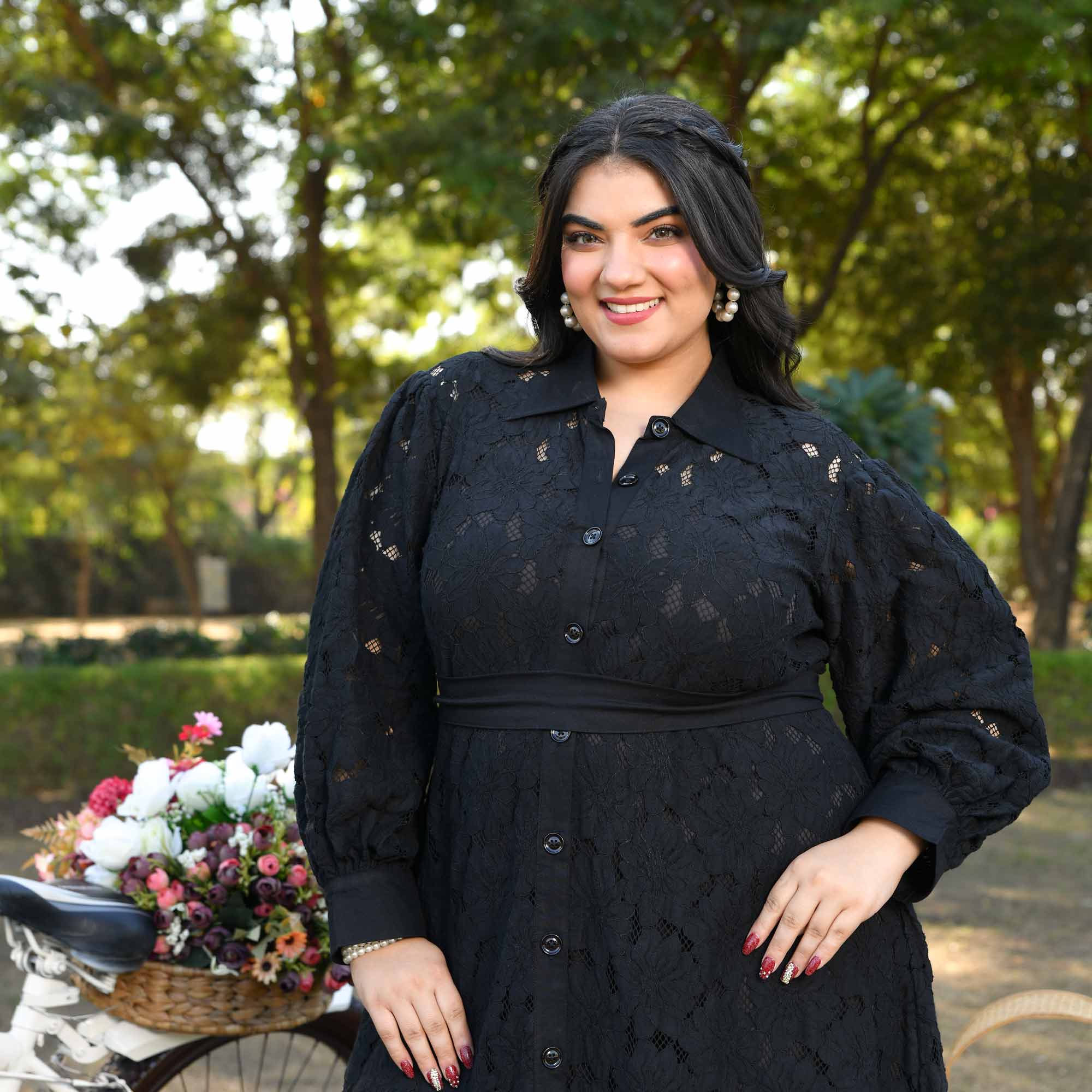 Rome- Black Cotton Knit Laced Aline Shirt Dress - Image 2