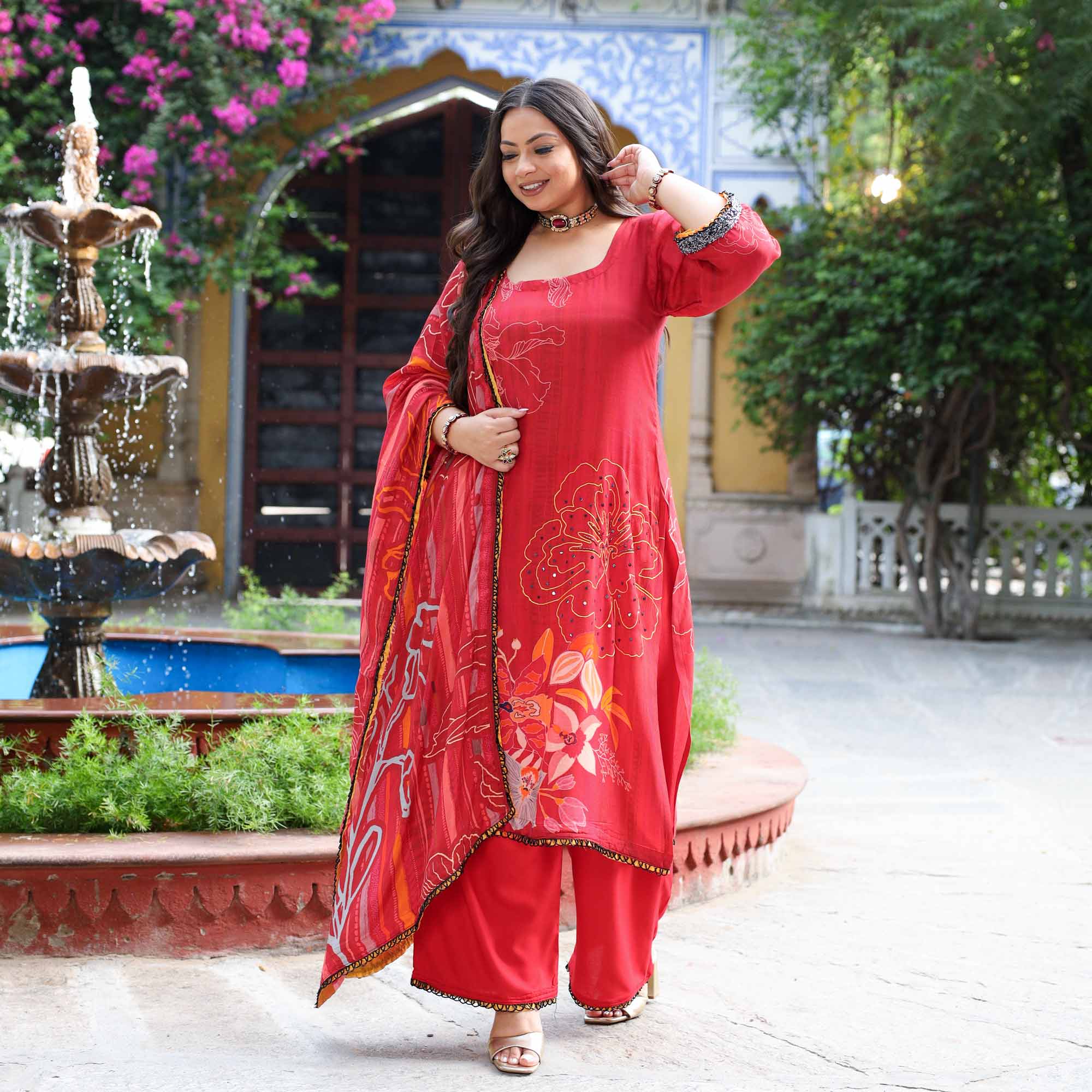 Rouge Beauty- Deep Red & Mustard Floral Hand Embroidered Pure Muslin Suit Set - Image 10