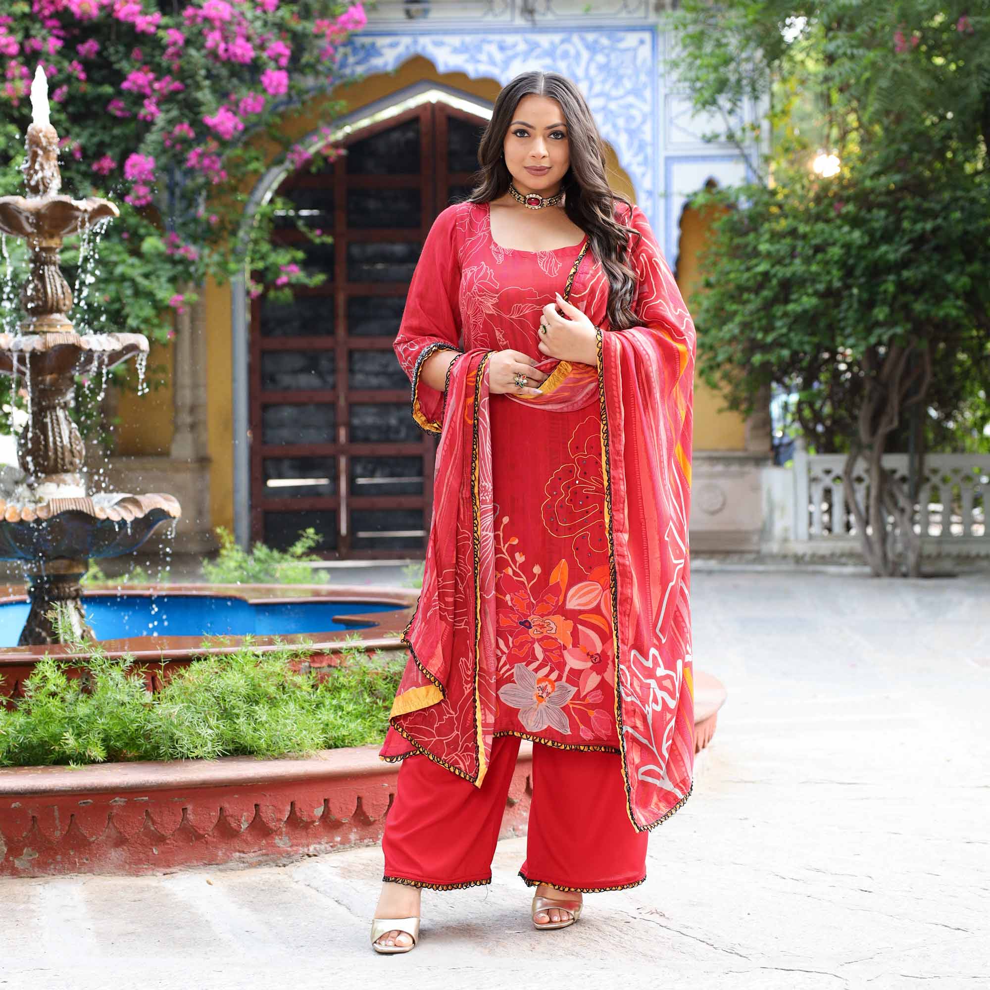 Rouge Beauty- Deep Red & Mustard Floral Hand Embroidered Pure Muslin Suit Set - Image 3
