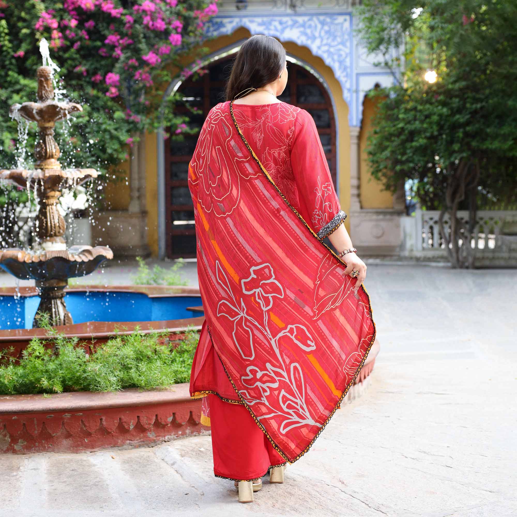Rouge Beauty- Deep Red & Mustard Floral Hand Embroidered Pure Muslin Suit Set - Image 4