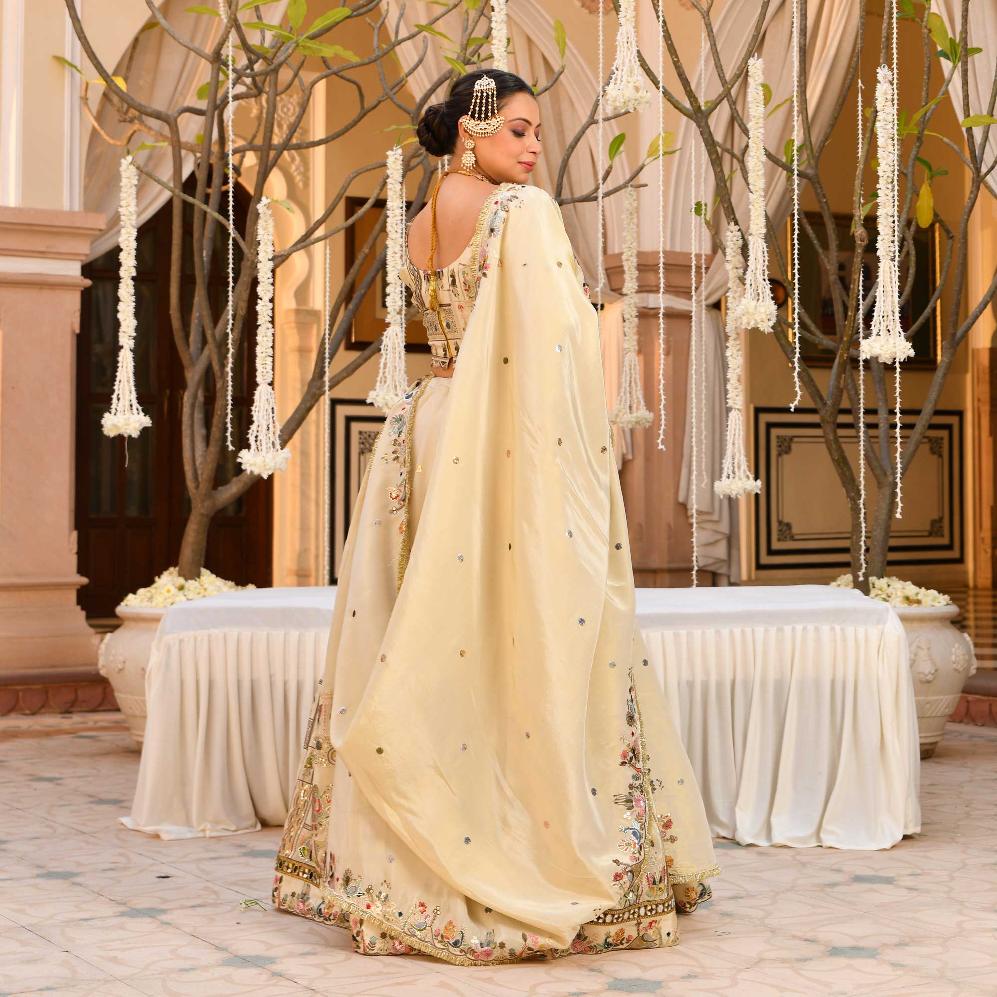 RUHANI- Ivory Sequin & Thread Embroidered Pure Tissue Silk Lehenga Set - Image 11