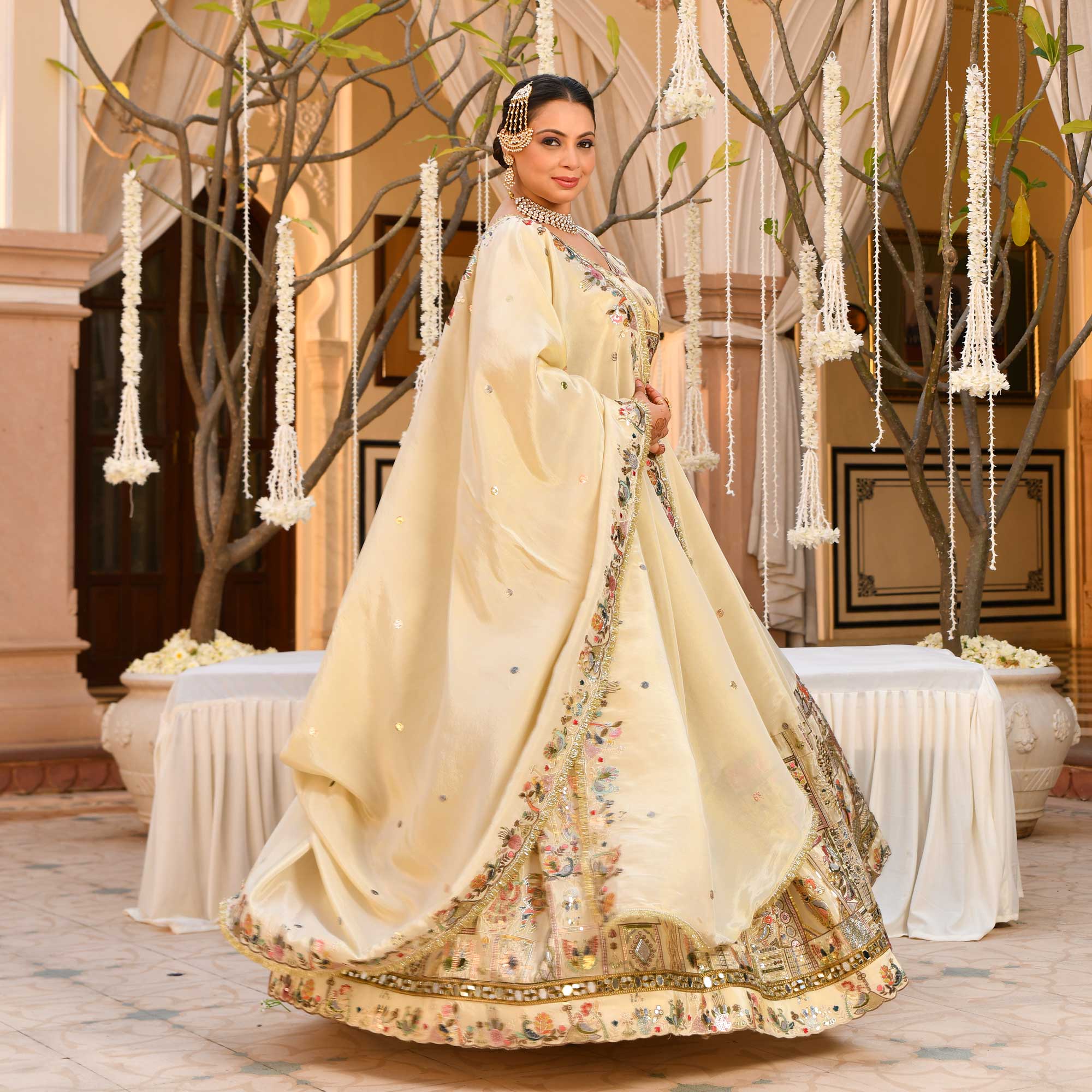 RUHANI- Ivory Sequin & Thread Embroidered Pure Tissue Silk Lehenga Set - Image 13
