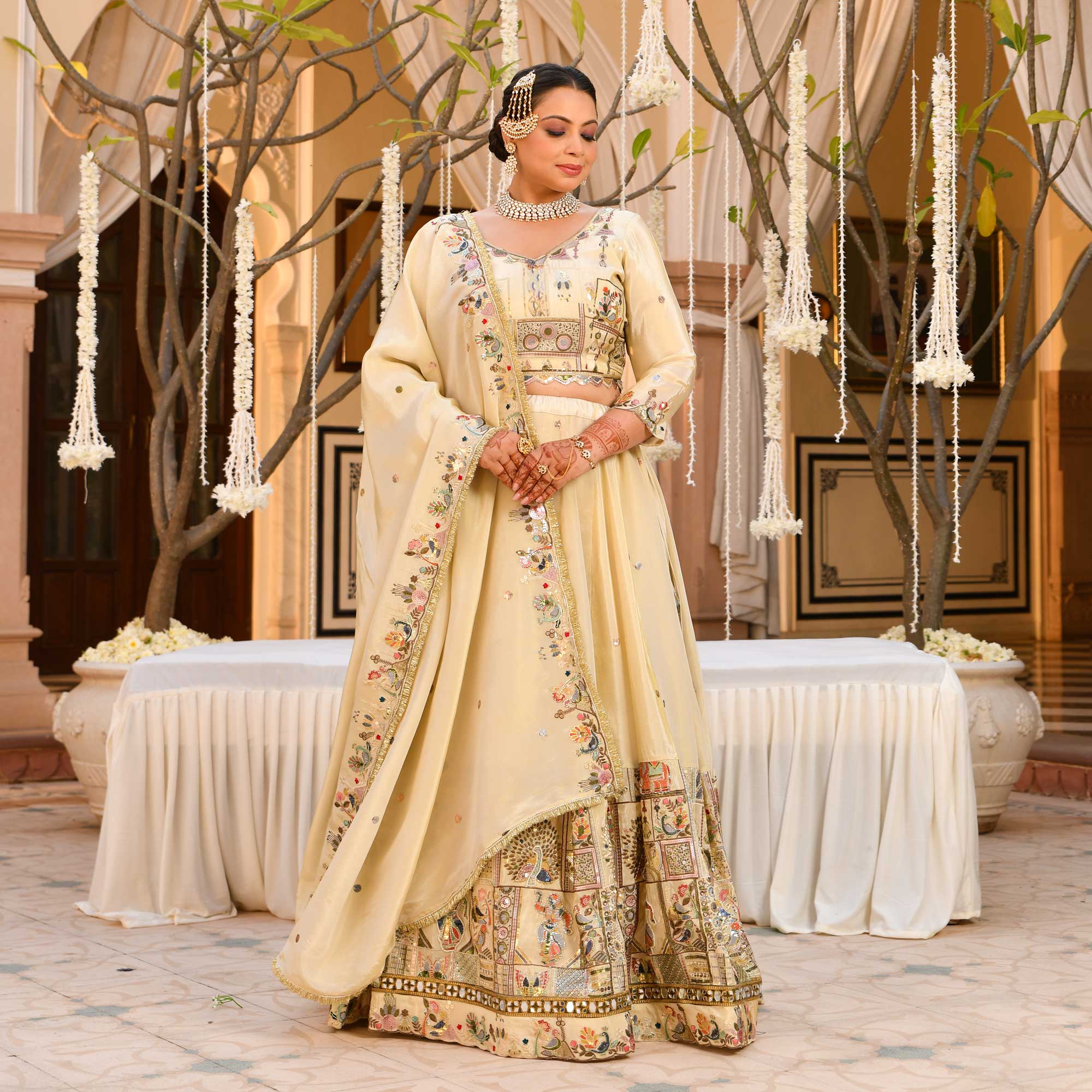 RUHANI- Ivory Sequin & Thread Embroidered Pure Tissue Silk Lehenga Set - Image 14