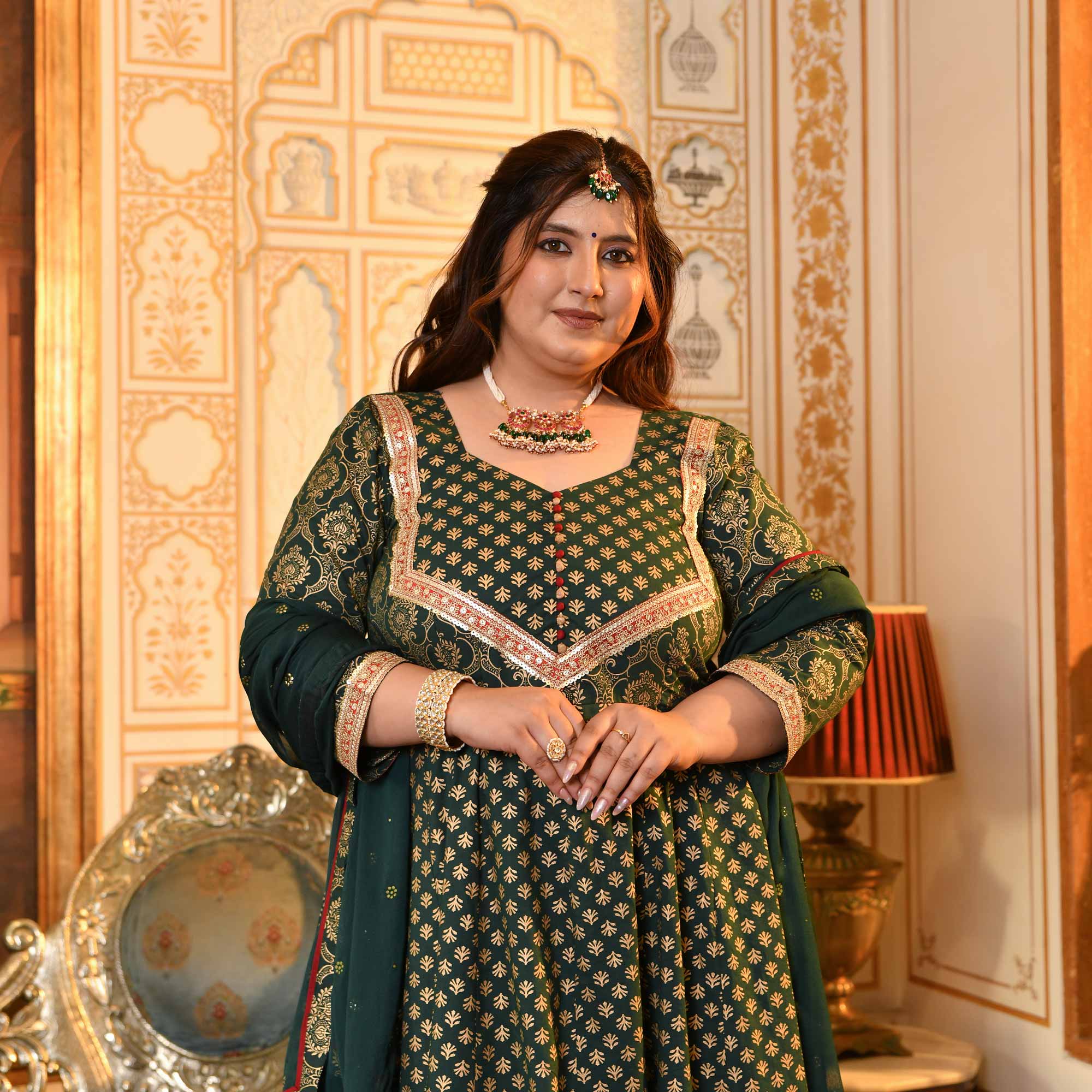 Sajda- Bottle Green & Gold Sequin Embroidered Cotton Anarkali - Image 22