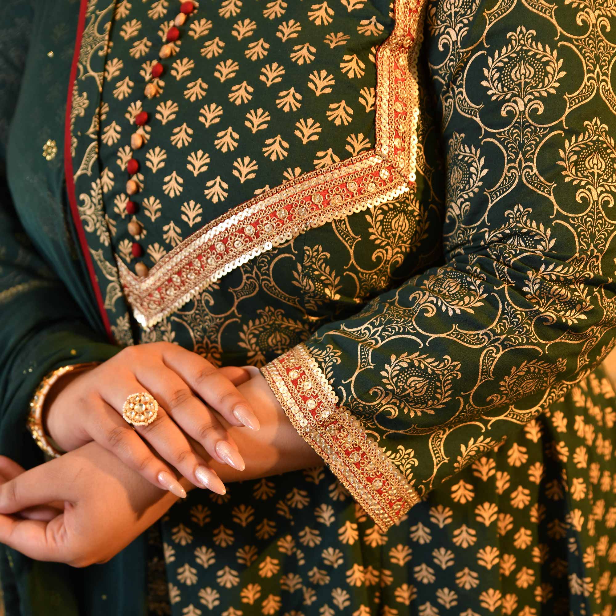 Sajda- Bottle Green & Gold Sequin Embroidered Cotton Anarkali - Image 5
