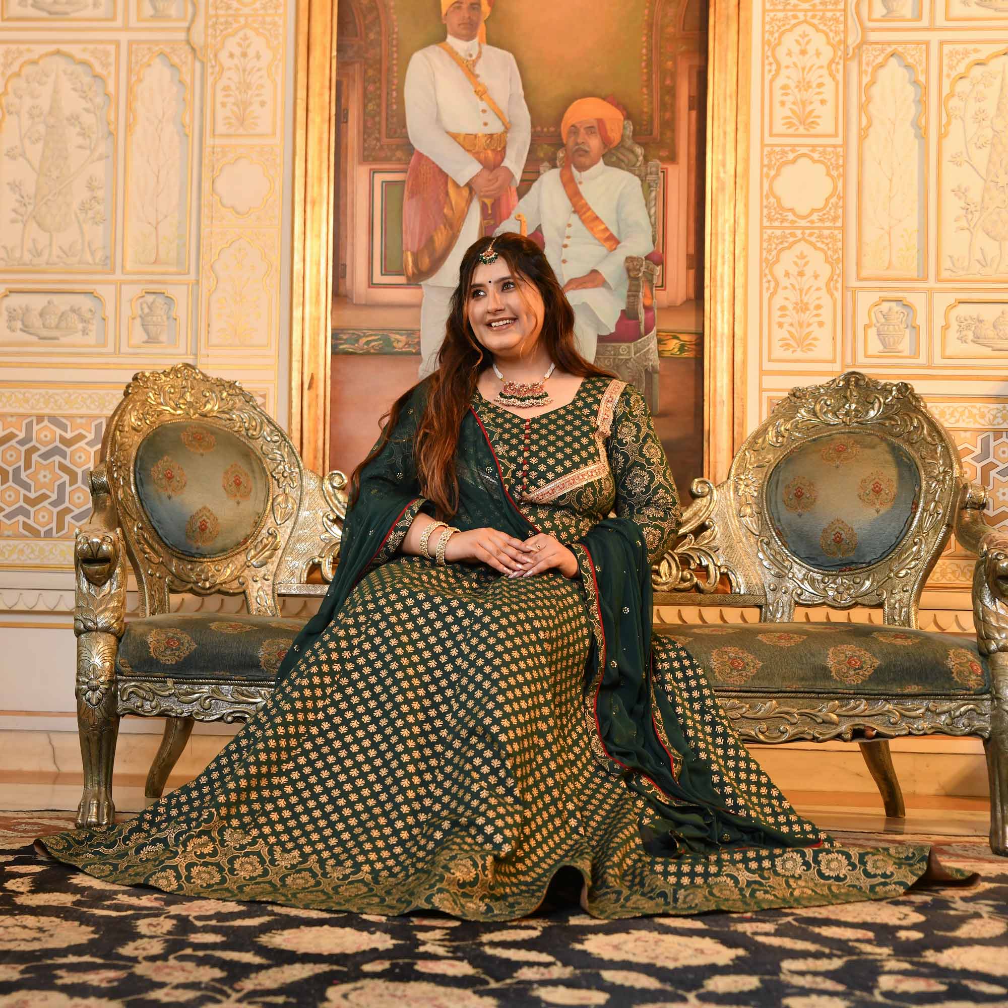 Sajda- Bottle Green & Gold Sequin Embroidered Cotton Anarkali - Image 8