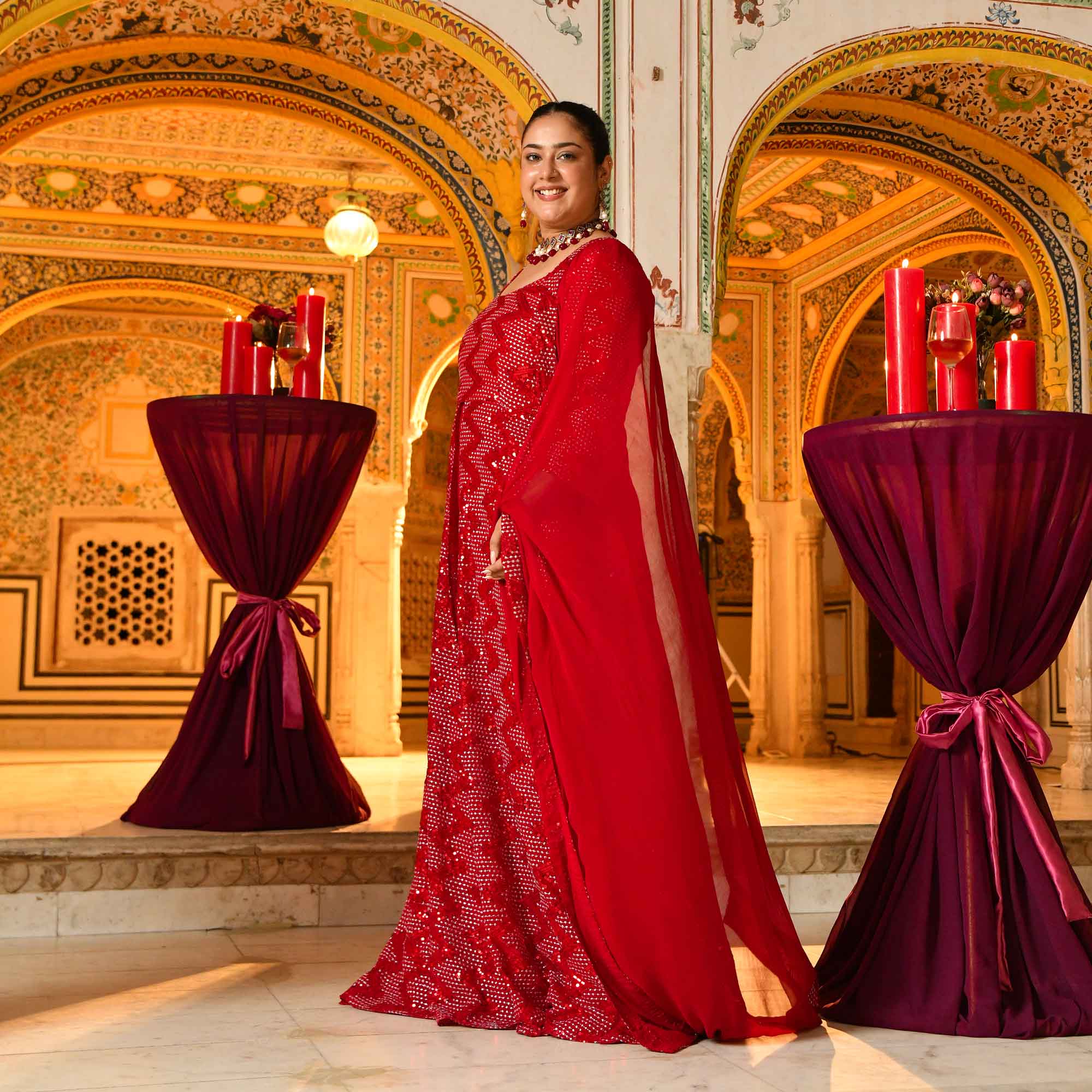 Salsa- Red Sequin embroidered Attached Cape Dress - Image 4