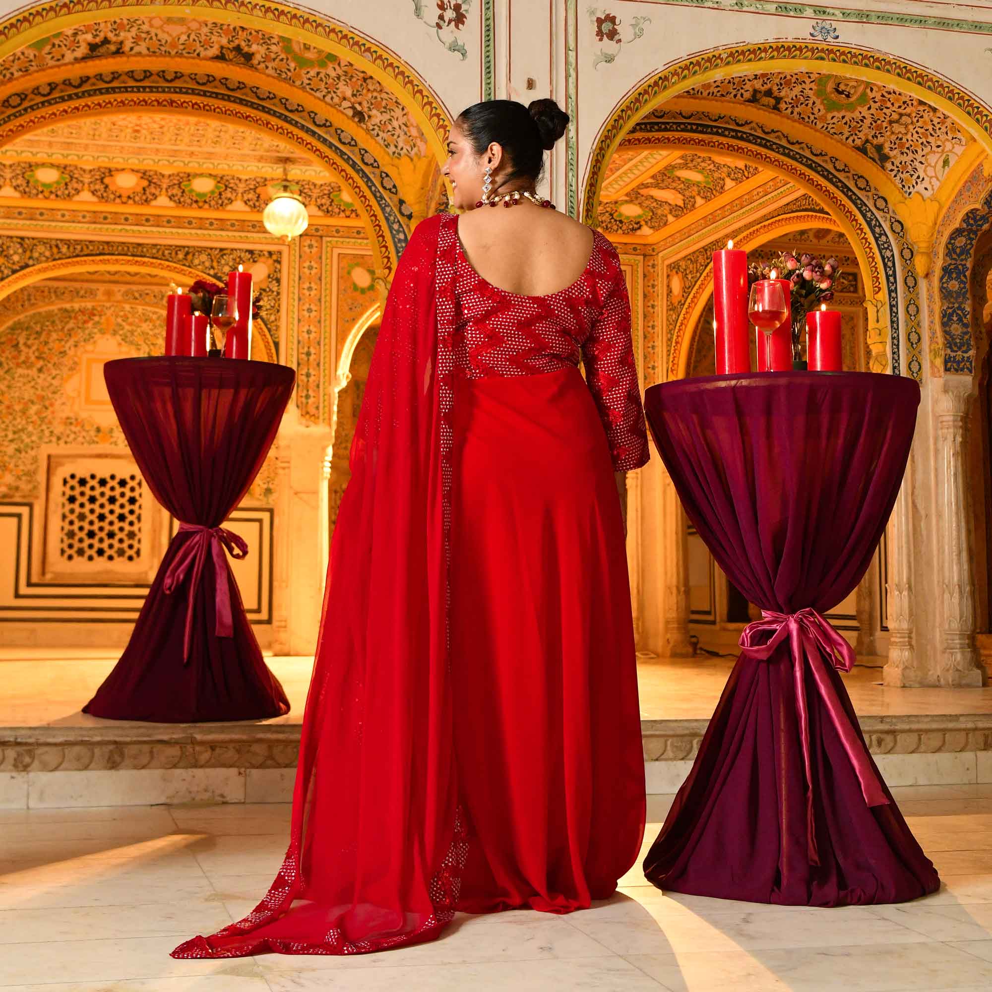Salsa- Red Sequin embroidered Attached Cape Dress - Image 5