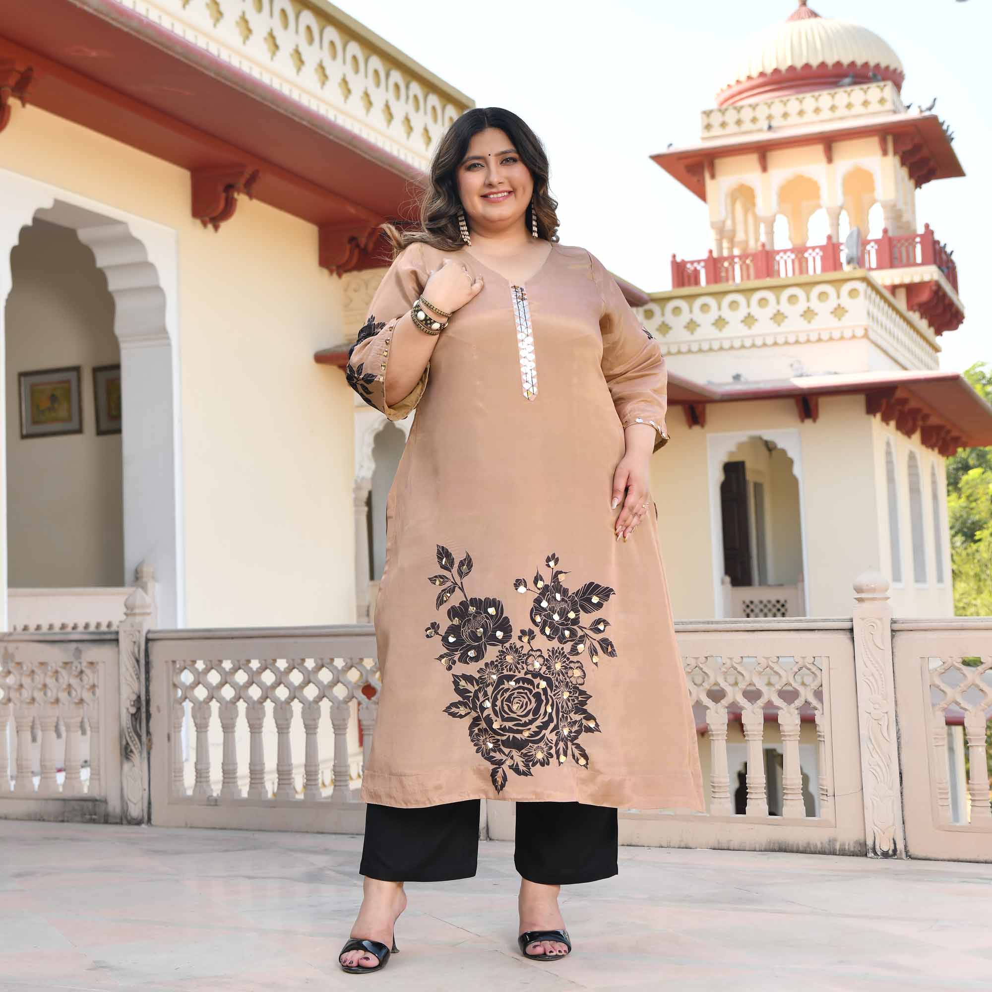 Sandy Flora- Beige Floral Pure Organza Satin Kurta - Image 10