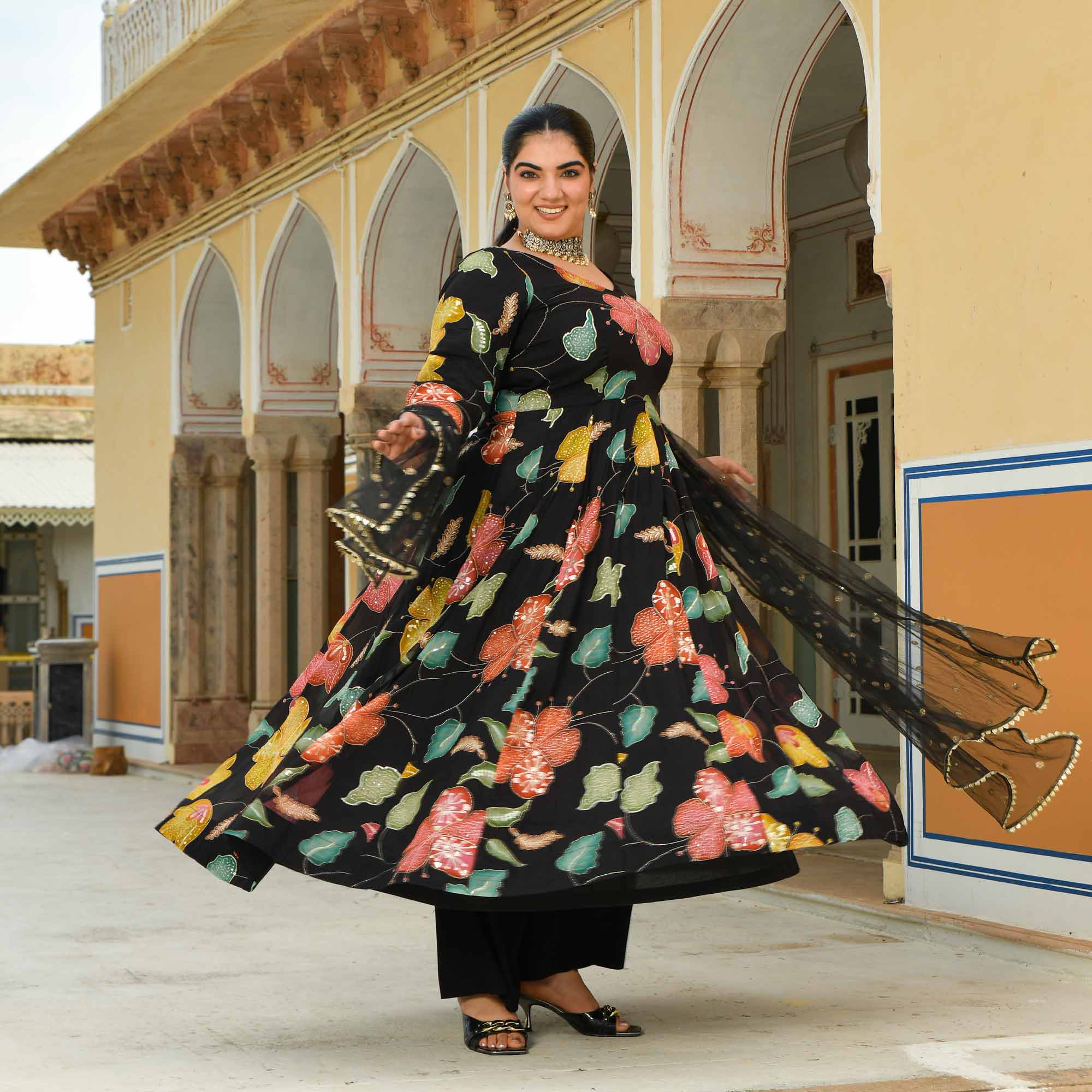 Selina: Black Floral Pure Organza Embroidered Anarkali Set - Image 3