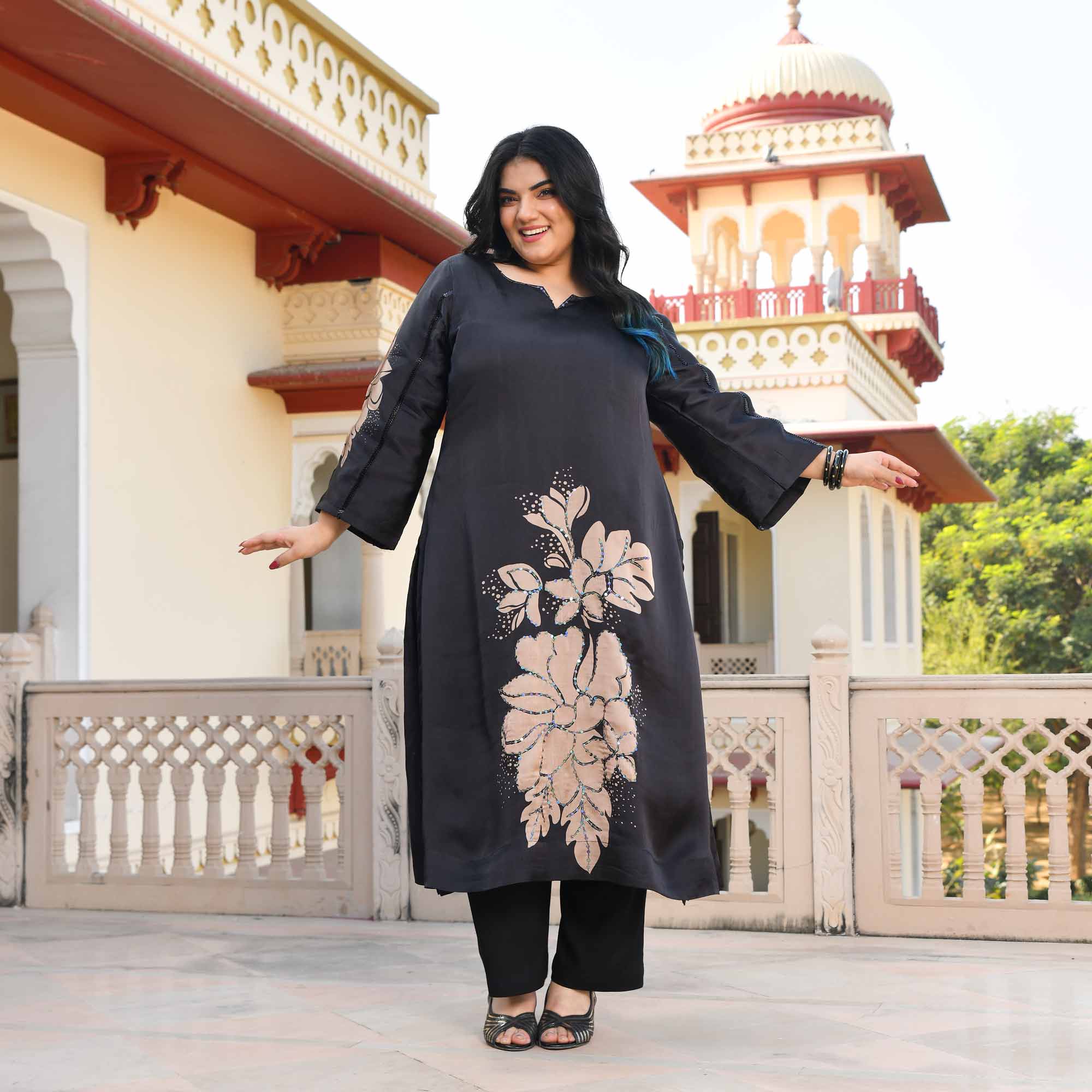 Serenity- Black Floral Pure Organza Satin Kurta - Image 13