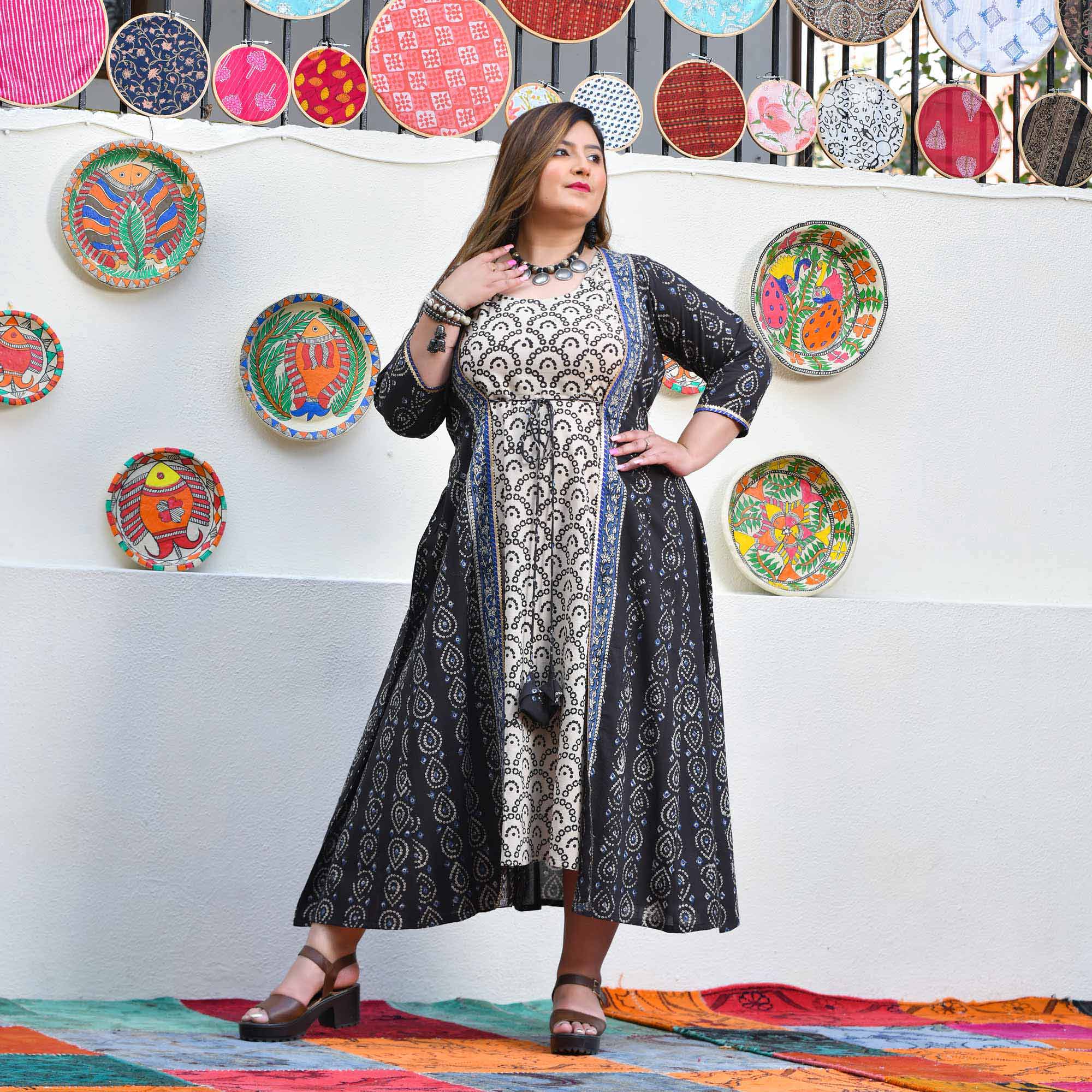 Shadow & Sand Handblock Printed Bandhani Dress With Cape - Image 19