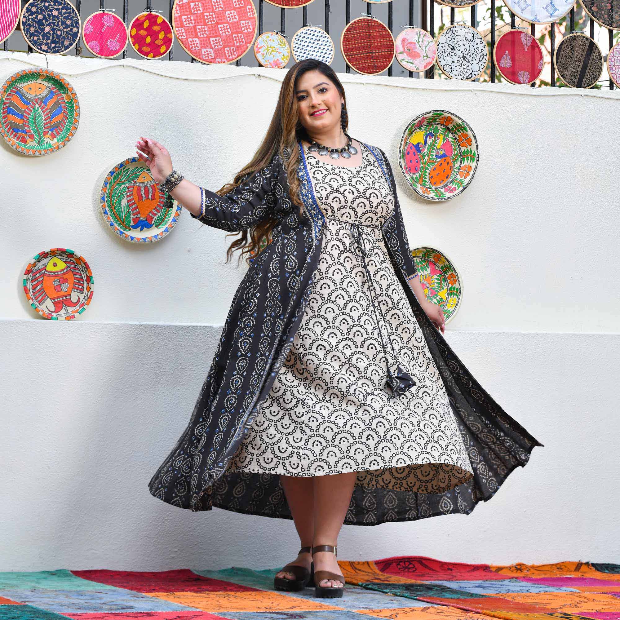 Shadow & Sand Handblock Printed Bandhani Dress With Cape - Image 22
