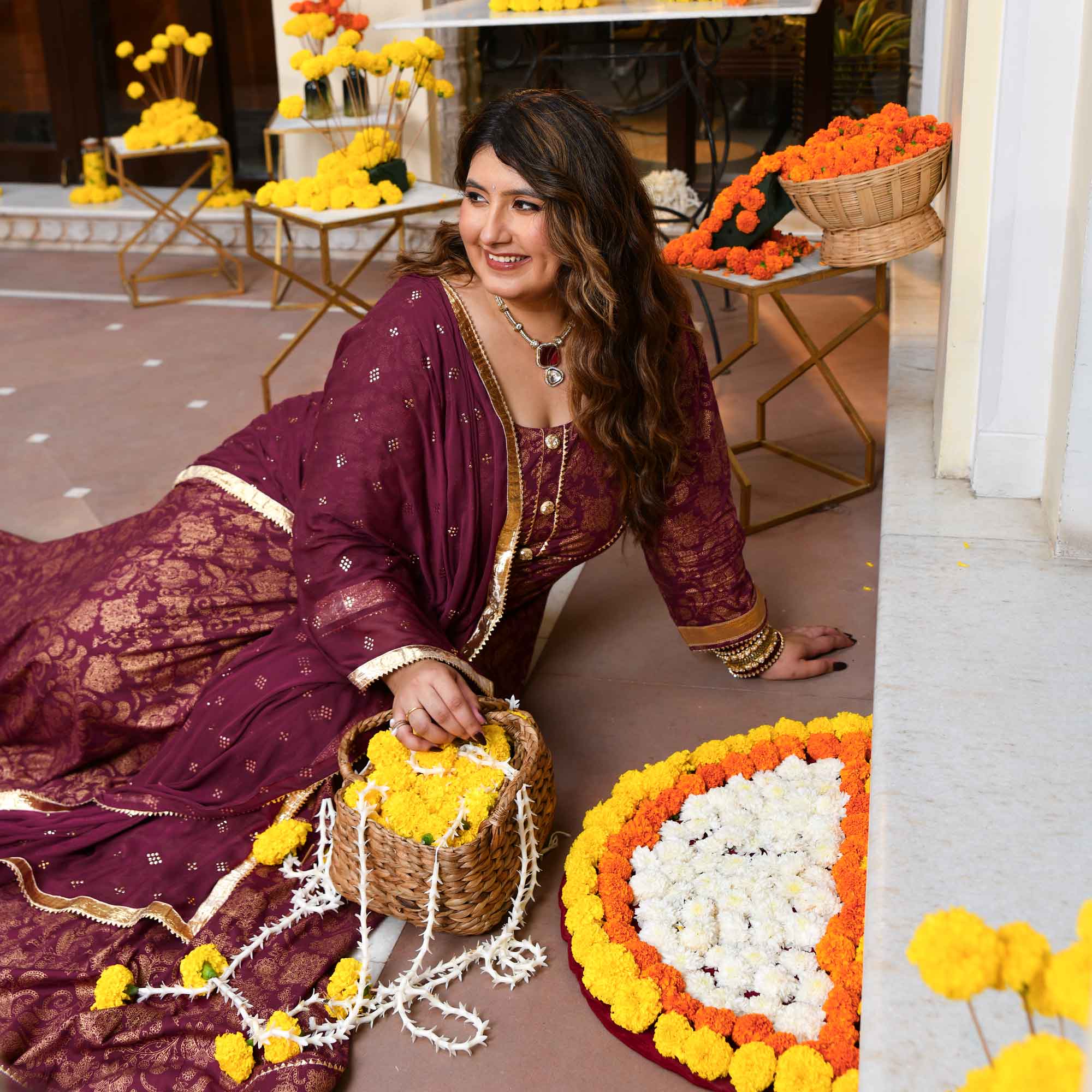 Shagun- Wine Gold Block Print Rayon Anarkali Set - Image 2