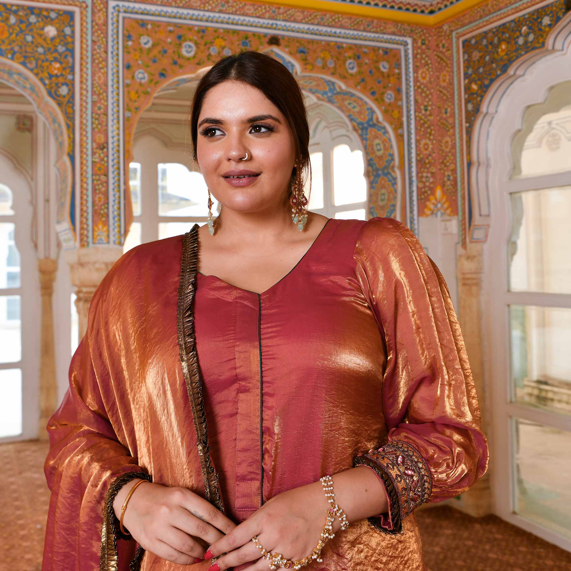 Shahi Ishq- Rustic Copper Tissue Silk Embroidered Suit Set - Image 4