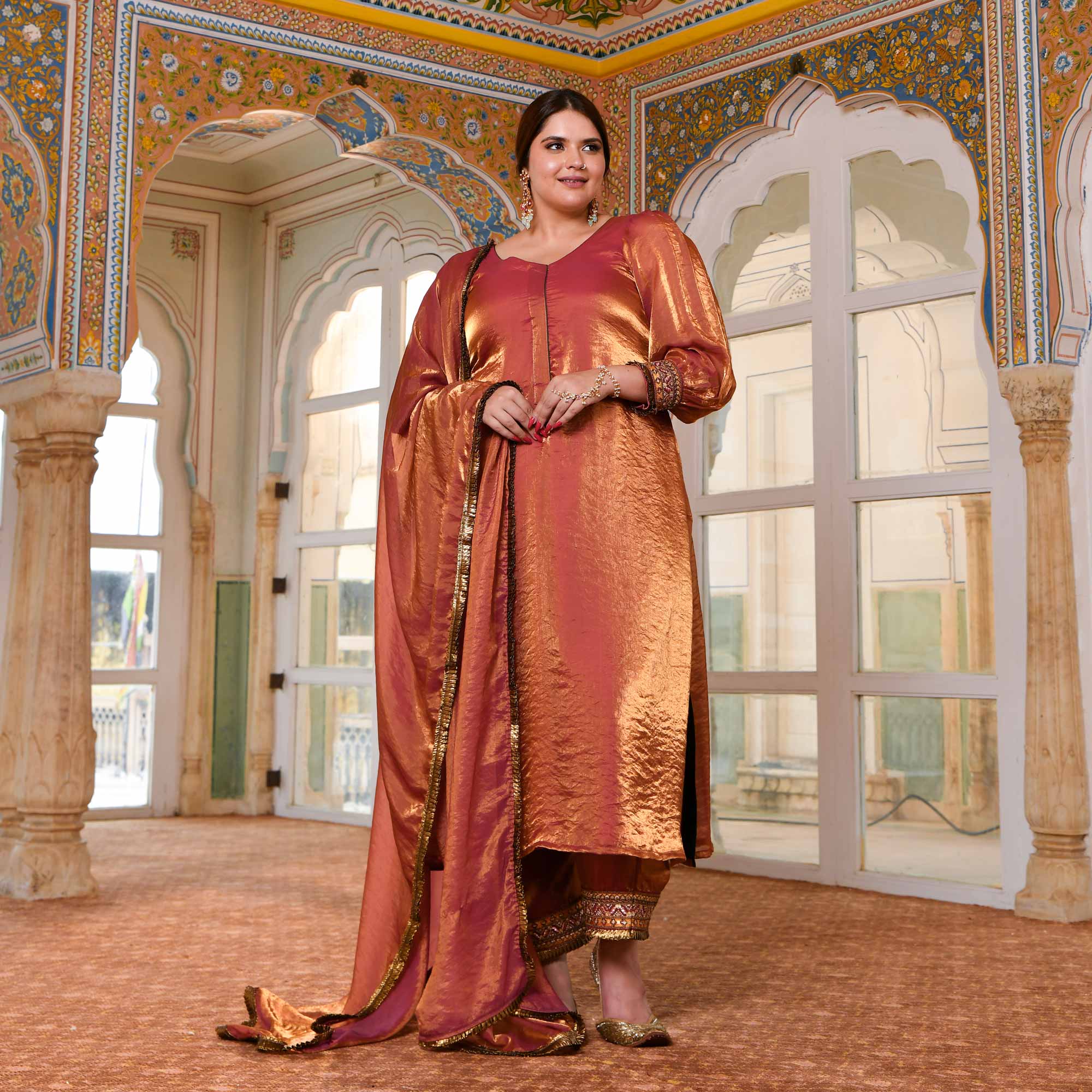 Shahi Ishq- Rustic Copper Tissue Silk Embroidered Suit Set - Image 5