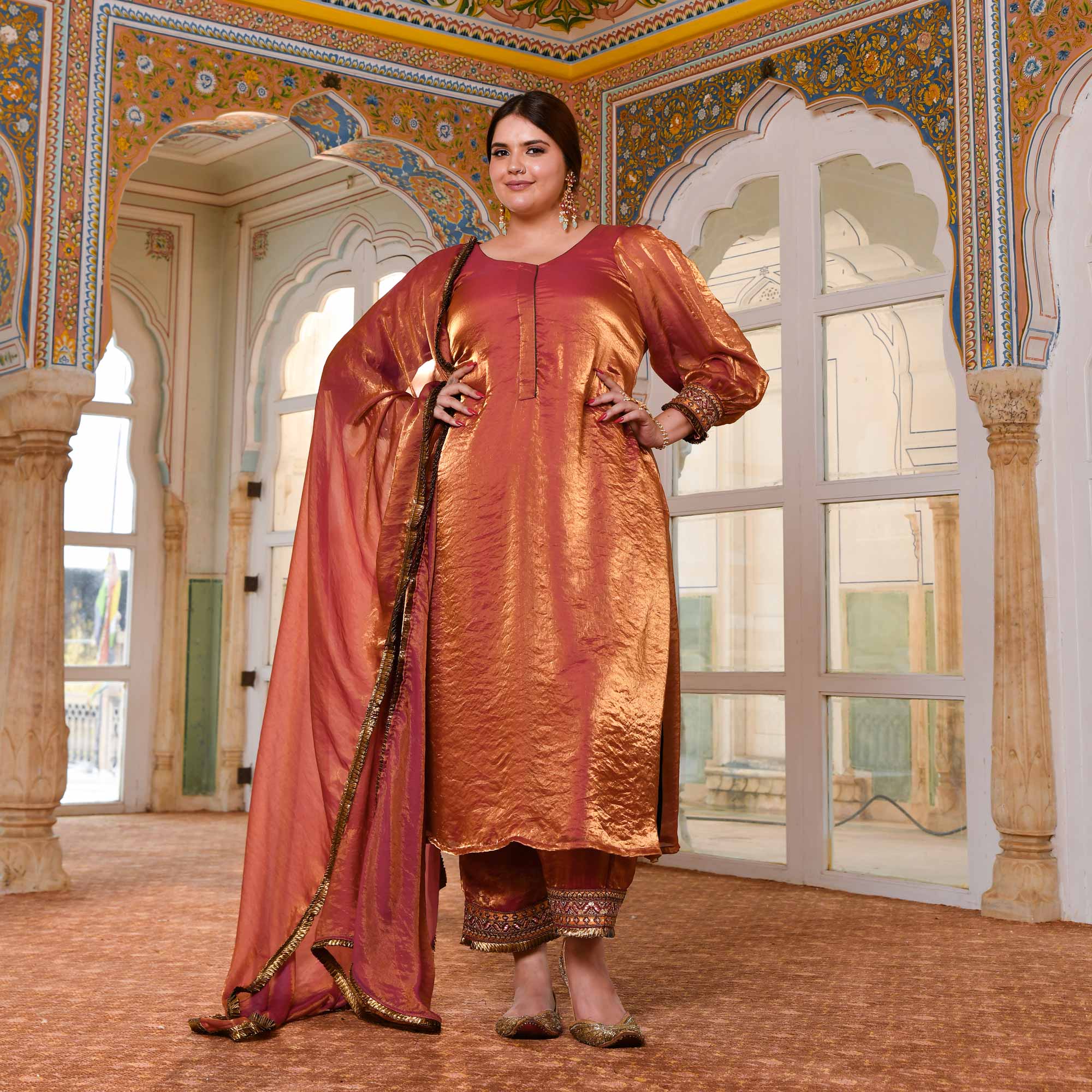 Shahi Ishq- Rustic Copper Tissue Silk Embroidered Suit Set - Image 6