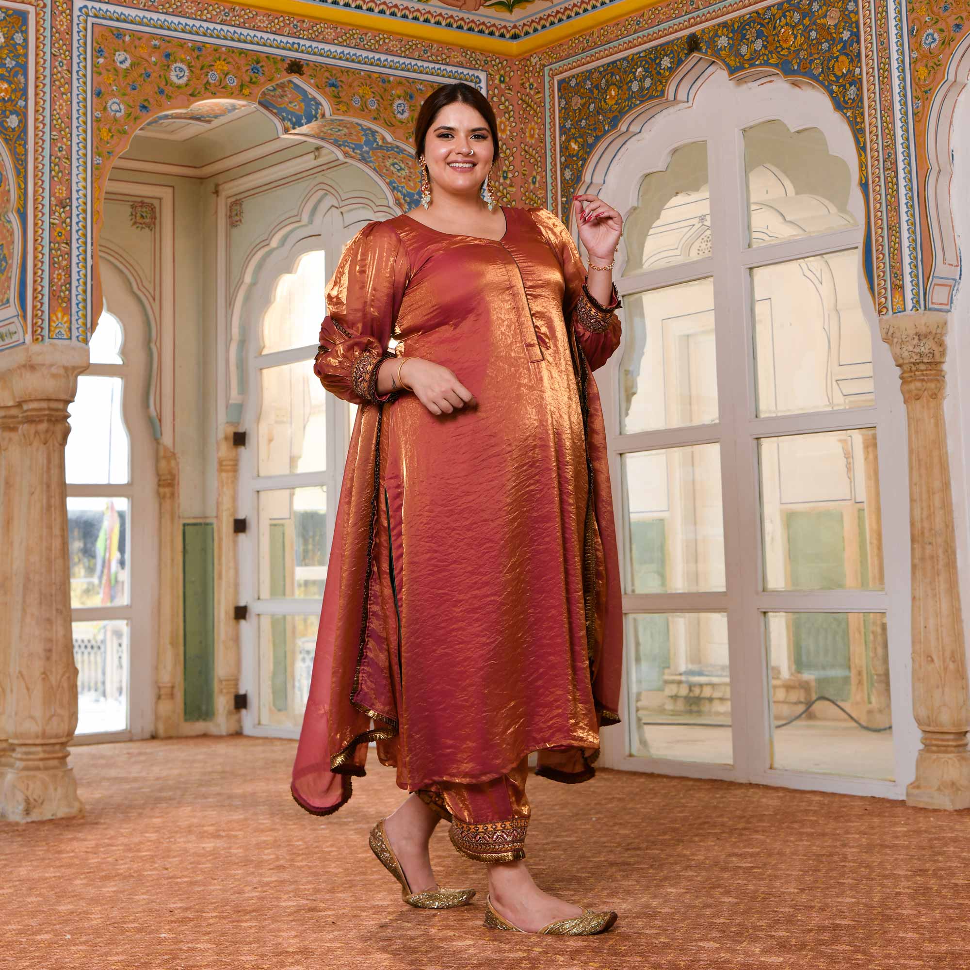 Shahi Ishq- Rustic Copper Tissue Silk Embroidered Suit Set - Image 7