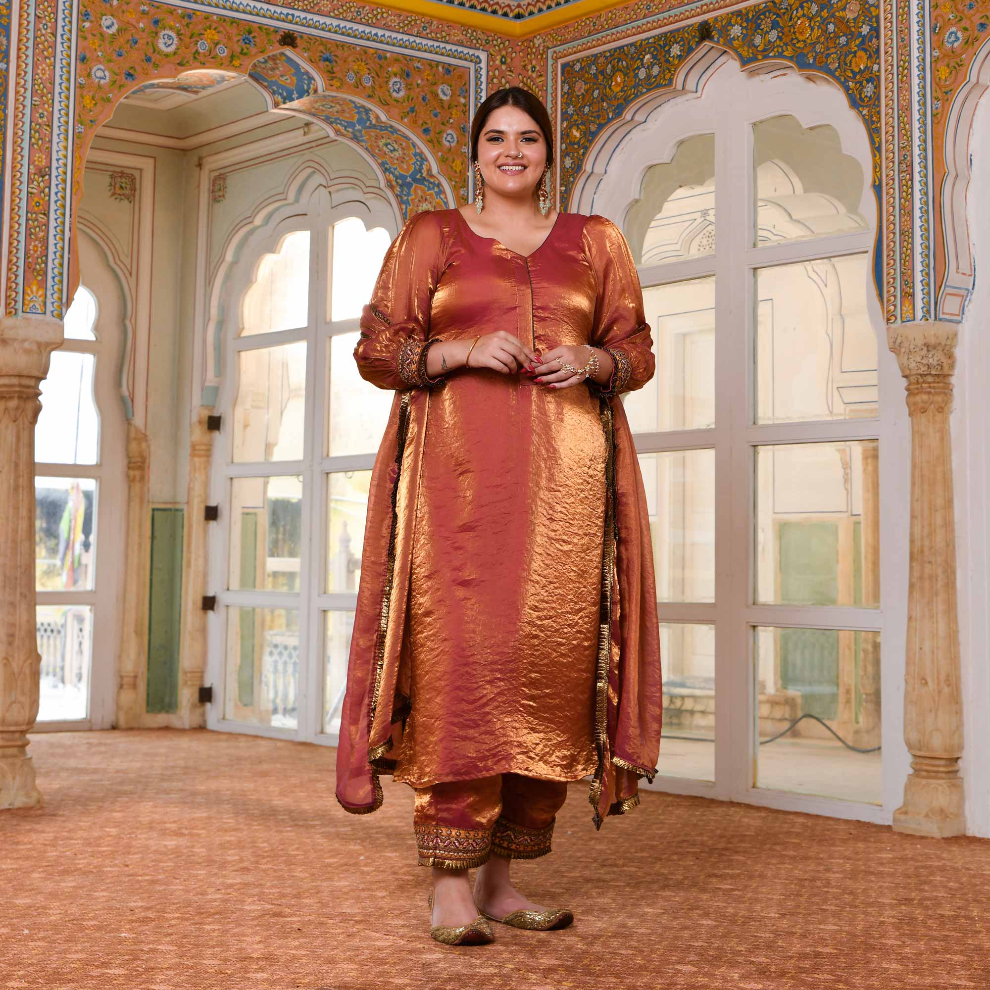 Shahi Ishq- Rustic Copper Tissue Silk Embroidered Suit Set - Image 8