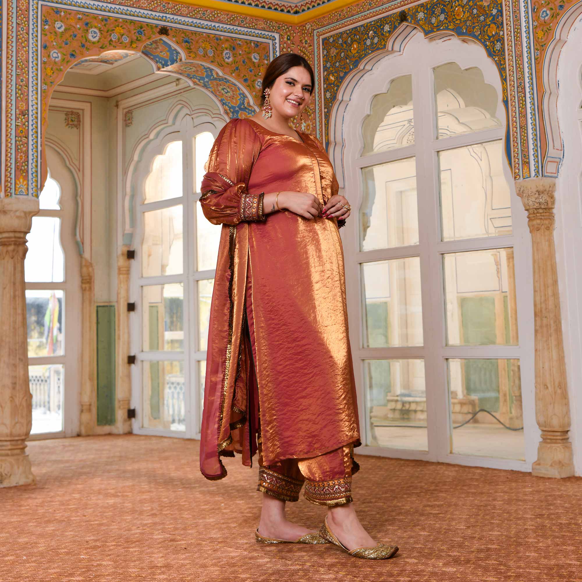 Shahi Ishq- Rustic Copper Tissue Silk Embroidered Suit Set - Image 9